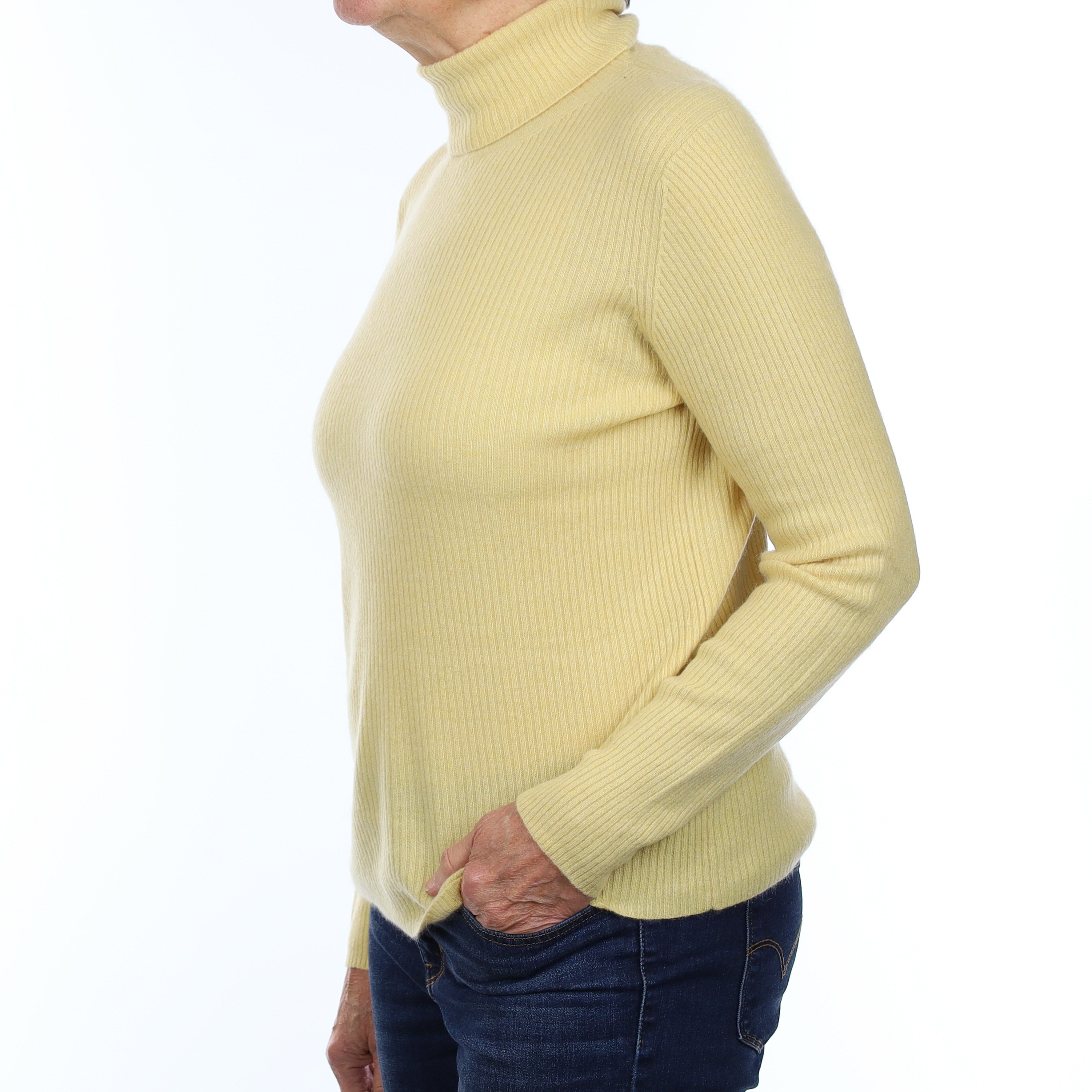 Primrose Yellow Rib Cashmere Polo Neck Jumper Medium