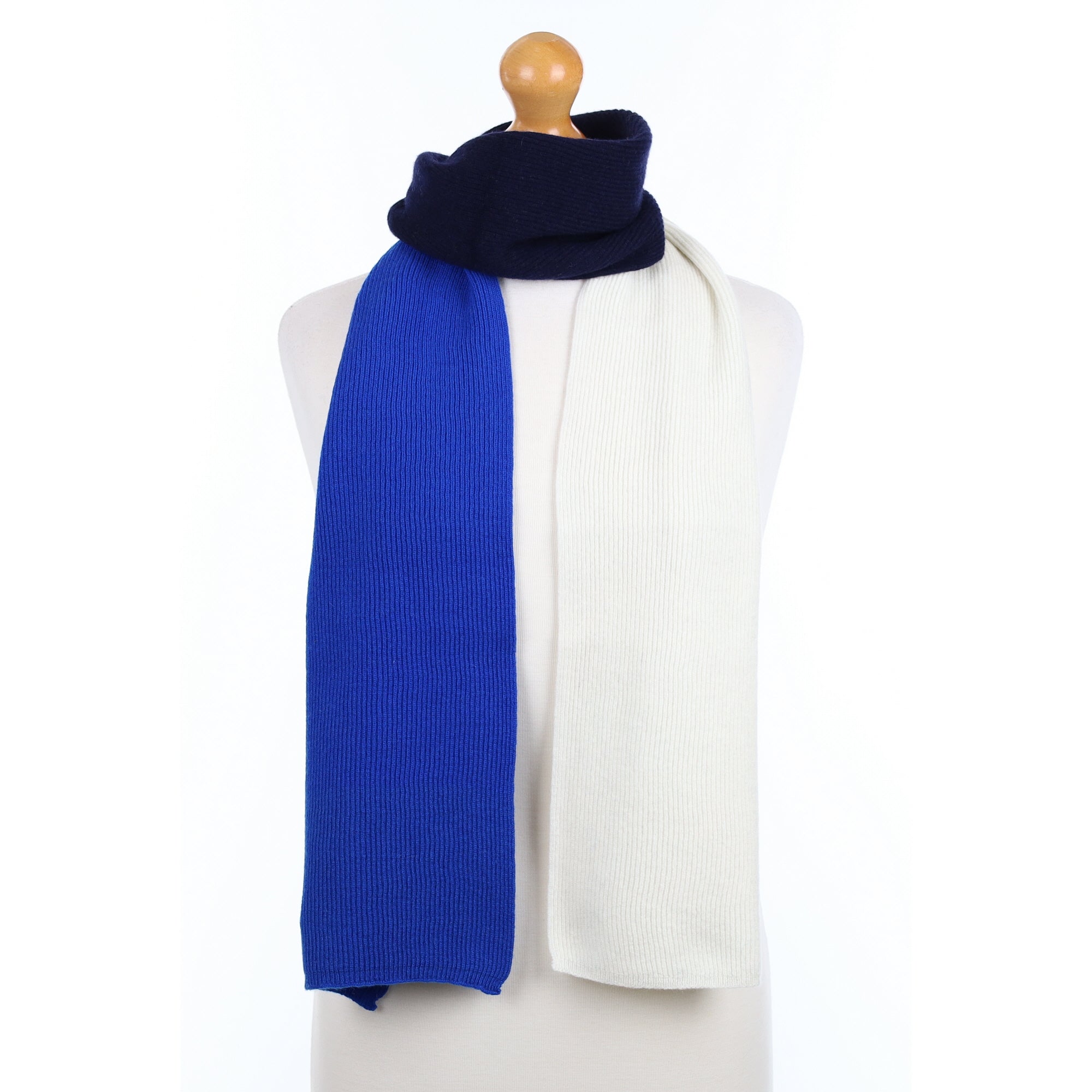 Brand New Scottish Electric Blue White & Navy Cashmere Ribbed Scarf