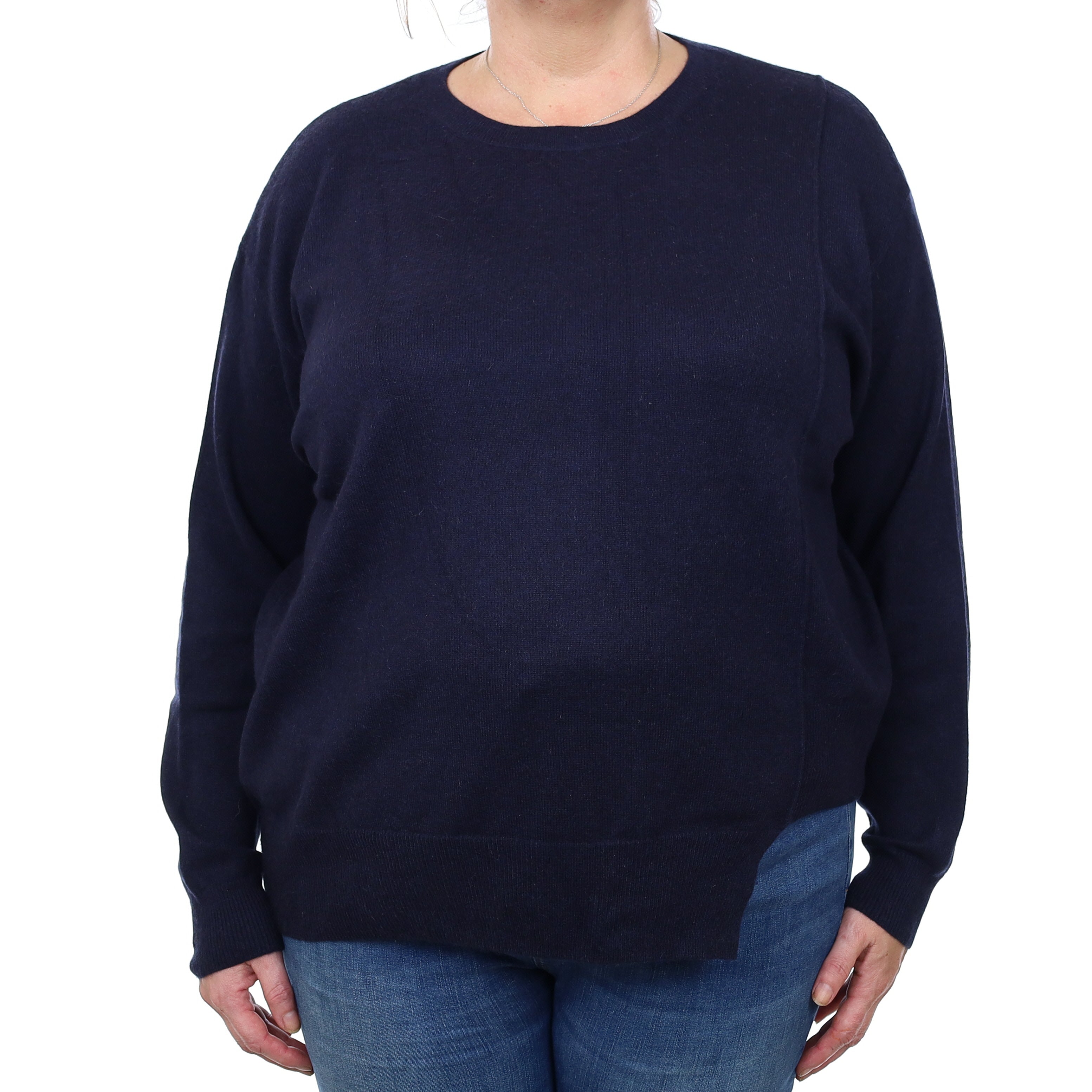 Navy Blue Cashmere Notch Hem Crew Neck Jumper Extra Large