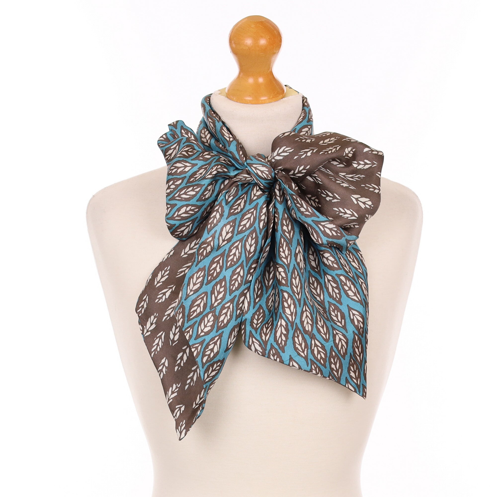 Turquoise and Mocha Foliate Silk Scarf