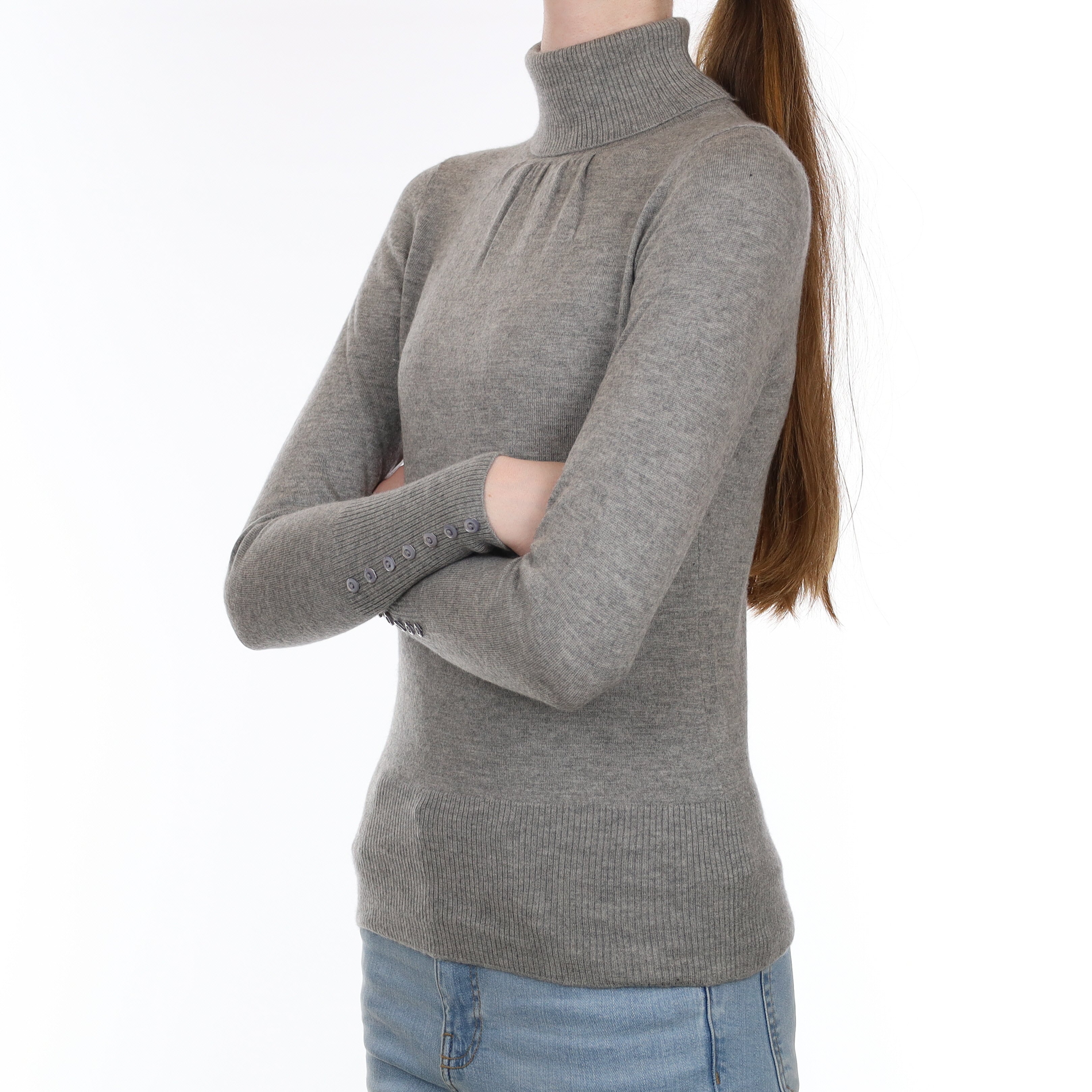 Steel Grey Fine Knit Cashmere Polo Neck Jumper Extra Small