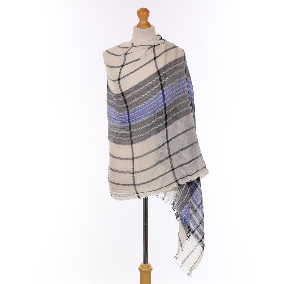 Brand New Begg & Co Ivory Checked Cashmere Blend Woven Crinkle Wrap
