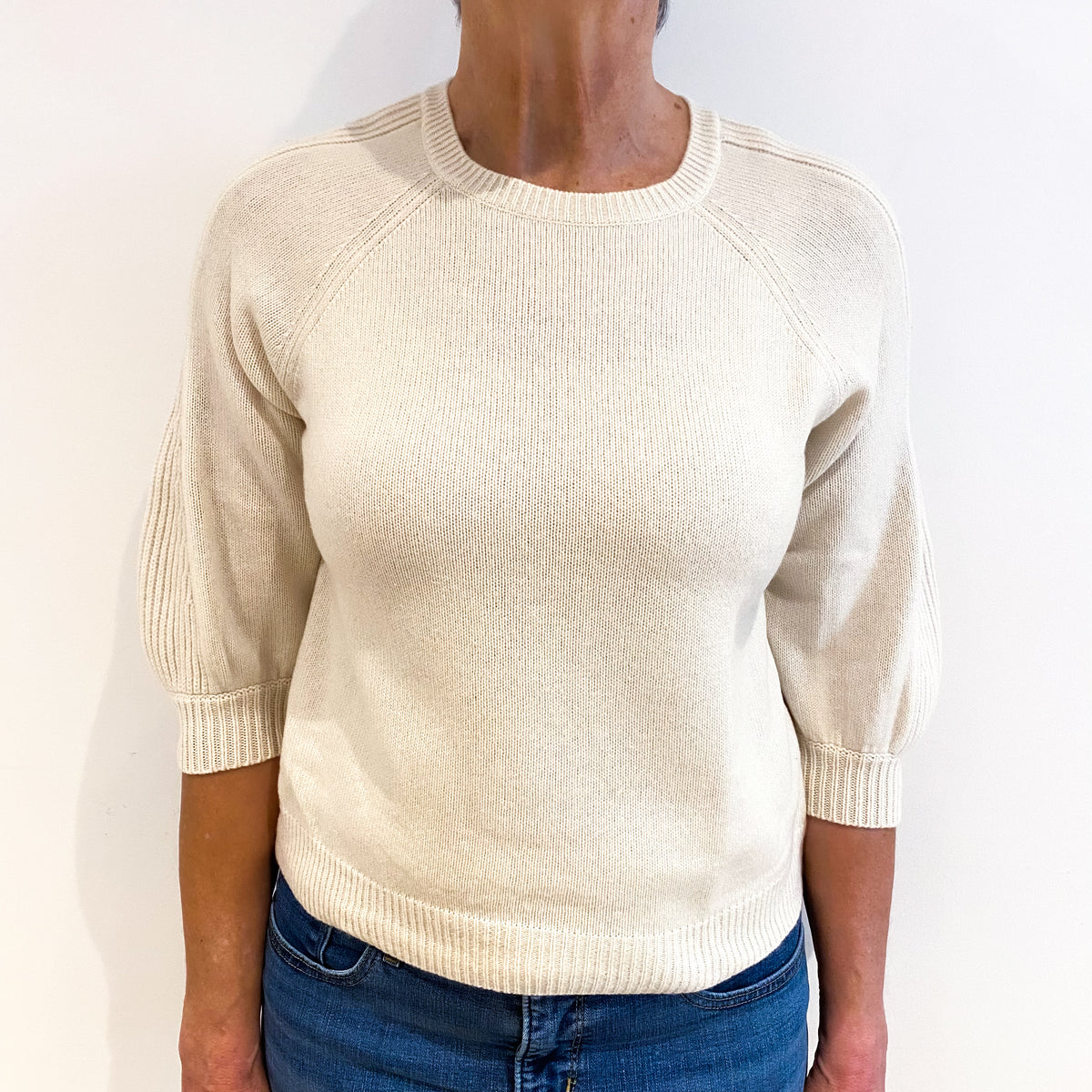 Cream Cashmere Short Balloon Sleeve Crew Neck Jumper Medium