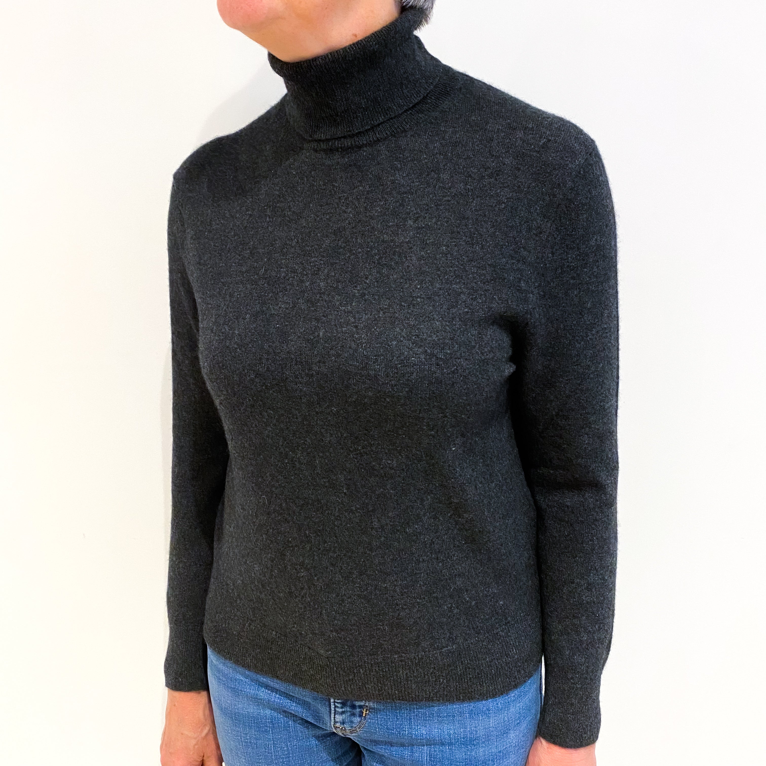 Charcoal Grey Cashmere Polo Neck Jumper Medium