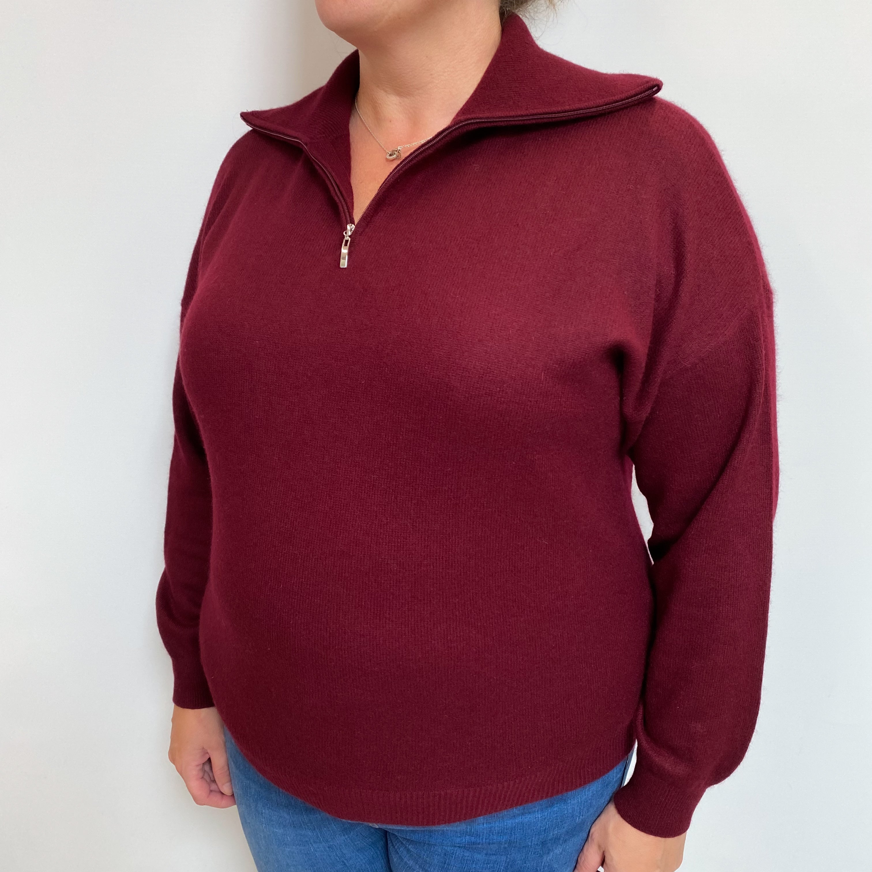 Burgundy Red Cashmere Quarter Zip Collared Polo Neck Jumper Extra Large