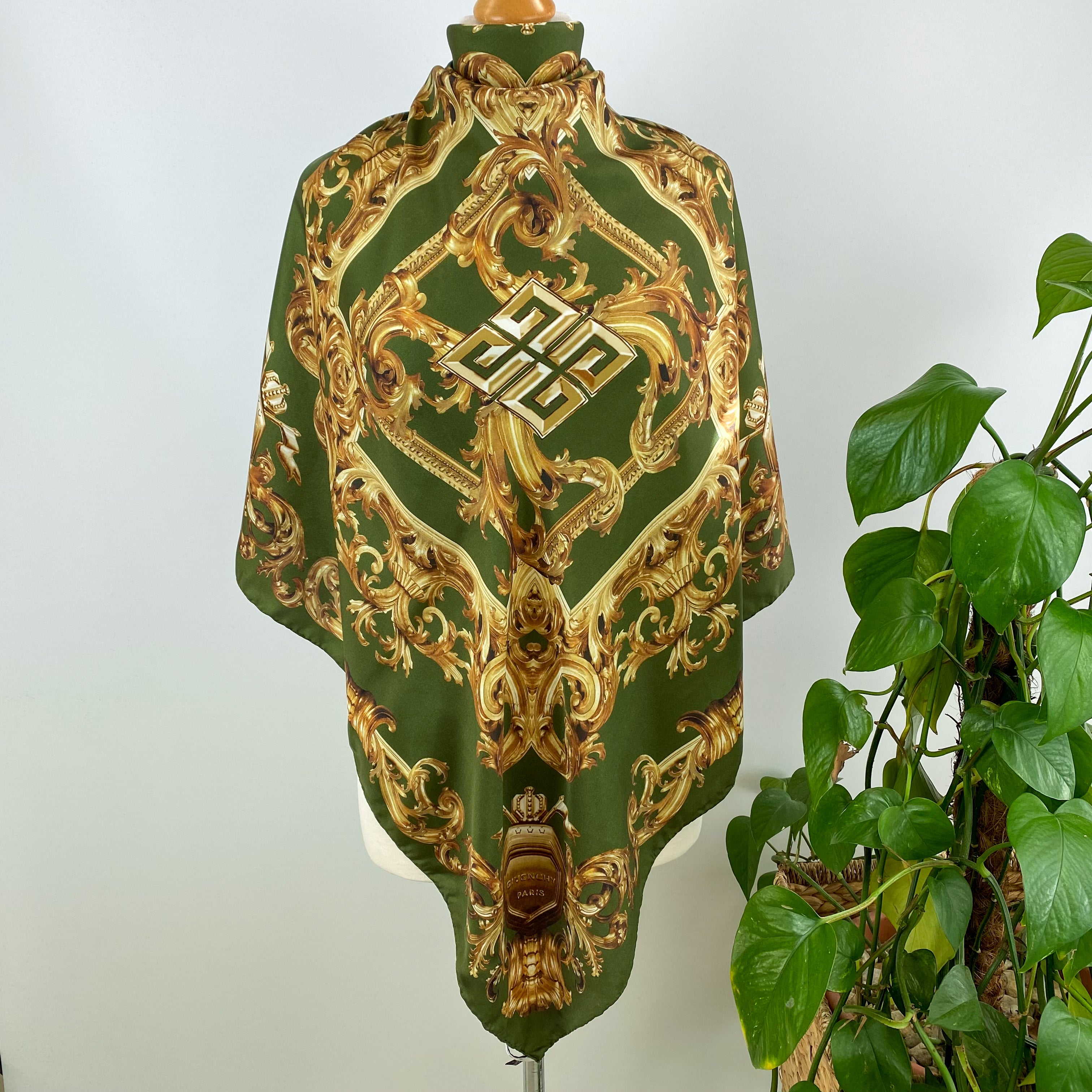 Givenchy Khaki and Gold Designer Silk Scarf