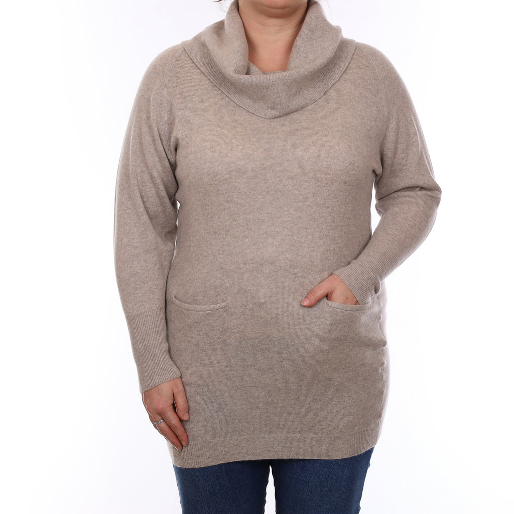 Fawn Longline Cashmere Cowl Neck Jumper with Pockets Large