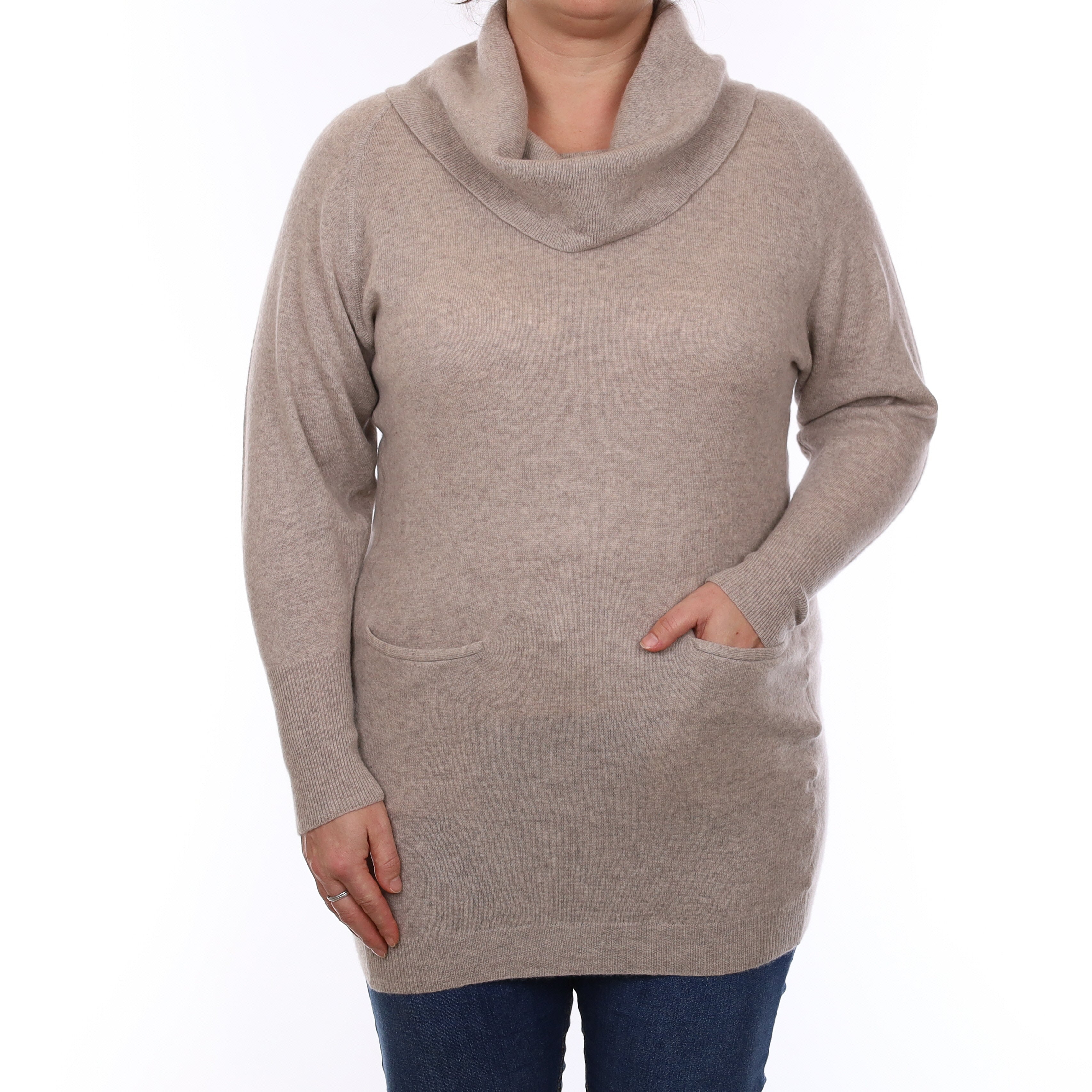 Fawn Longline Cashmere Cowl Neck Jumper with Pockets Large