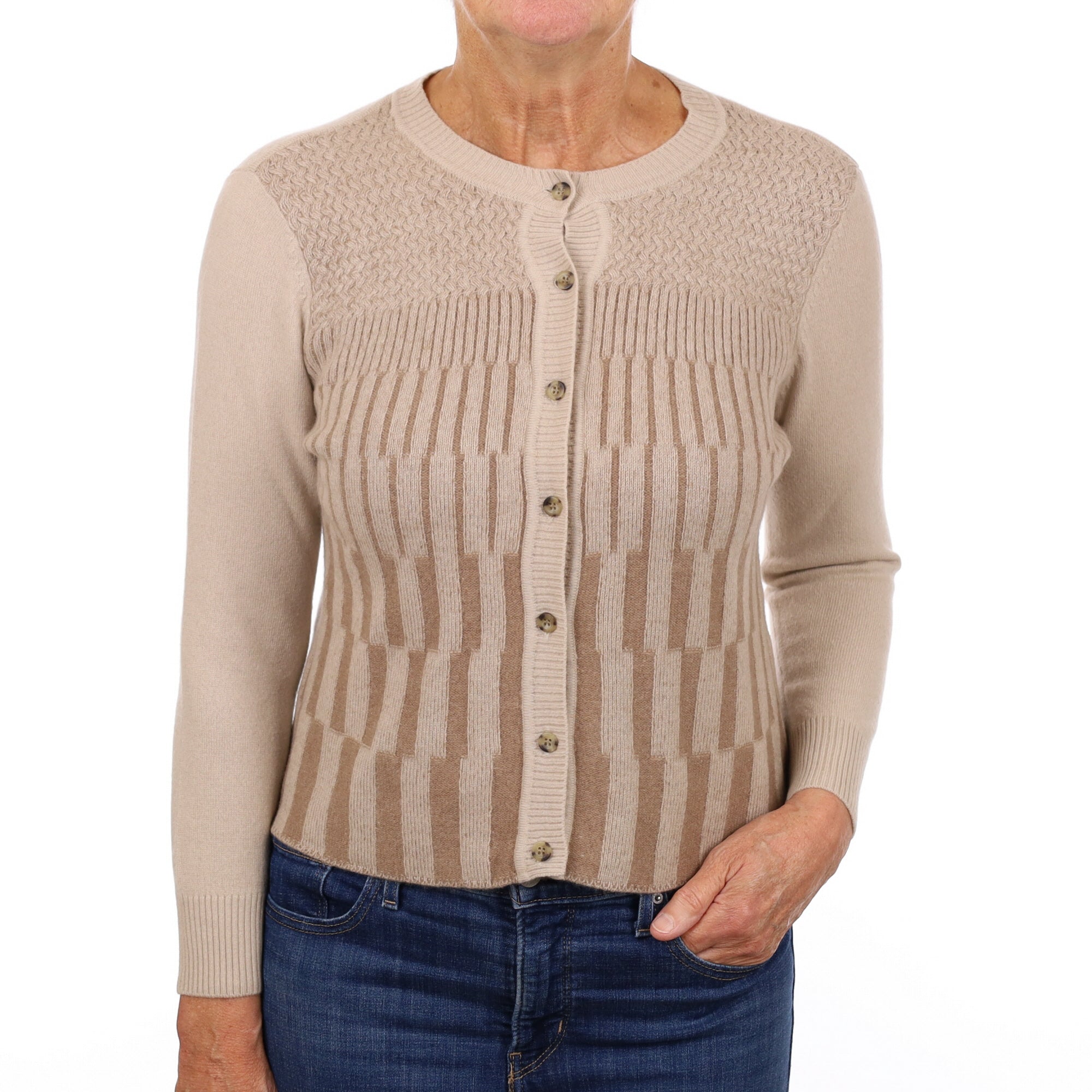 Fawn Beige Textured Cashmere Crew Neck Cardigan Medium