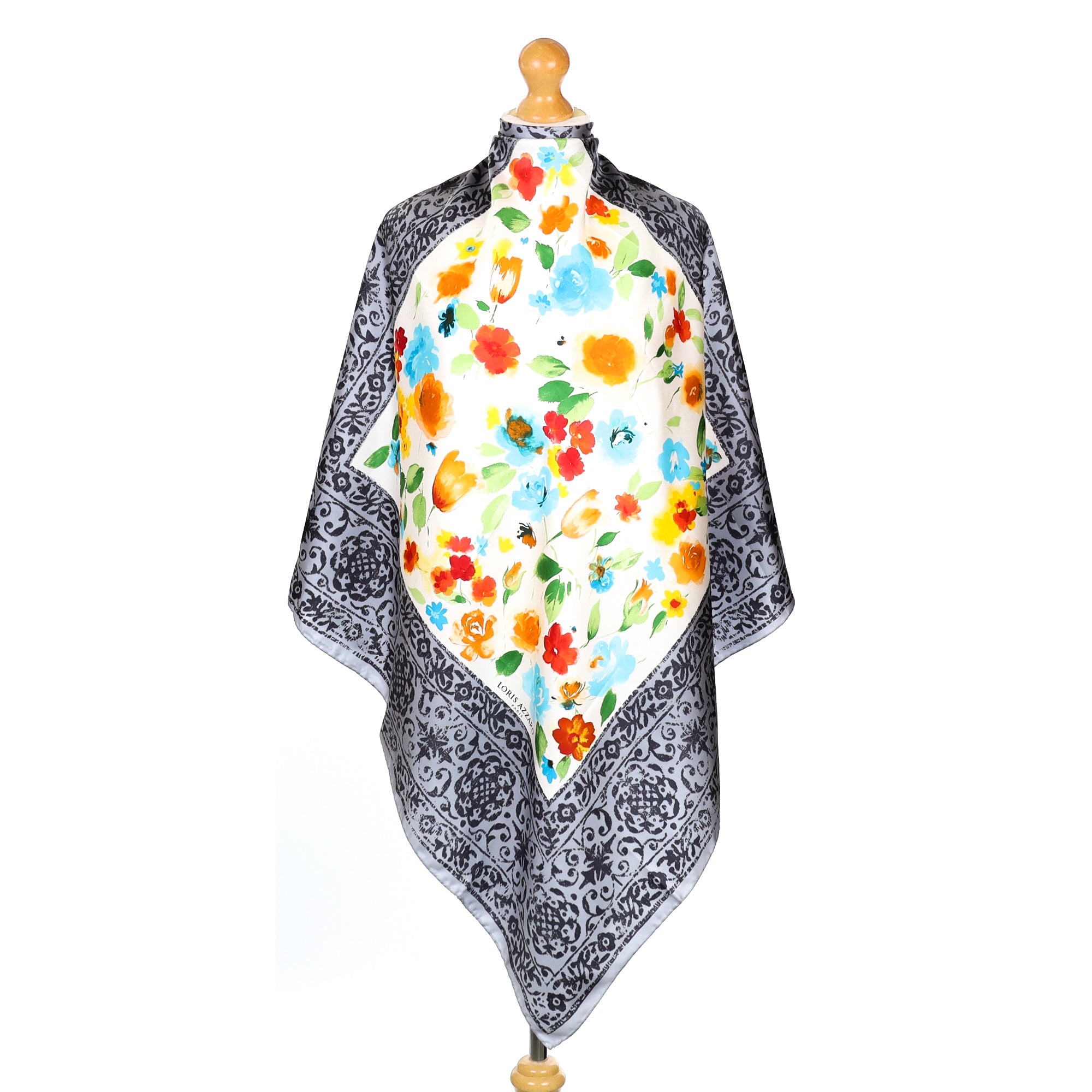 Loris Azzaro Floral and Grey Silk Scarf