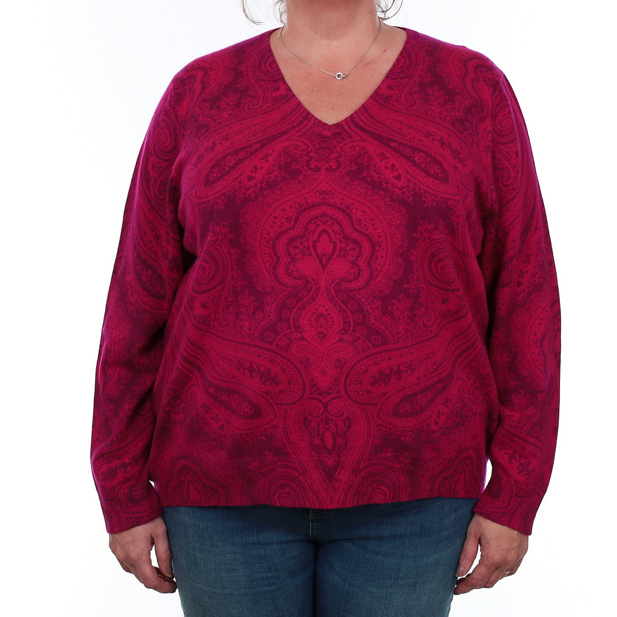 Cherry Pink Paisley Cashmere V Neck Jumper 3XL