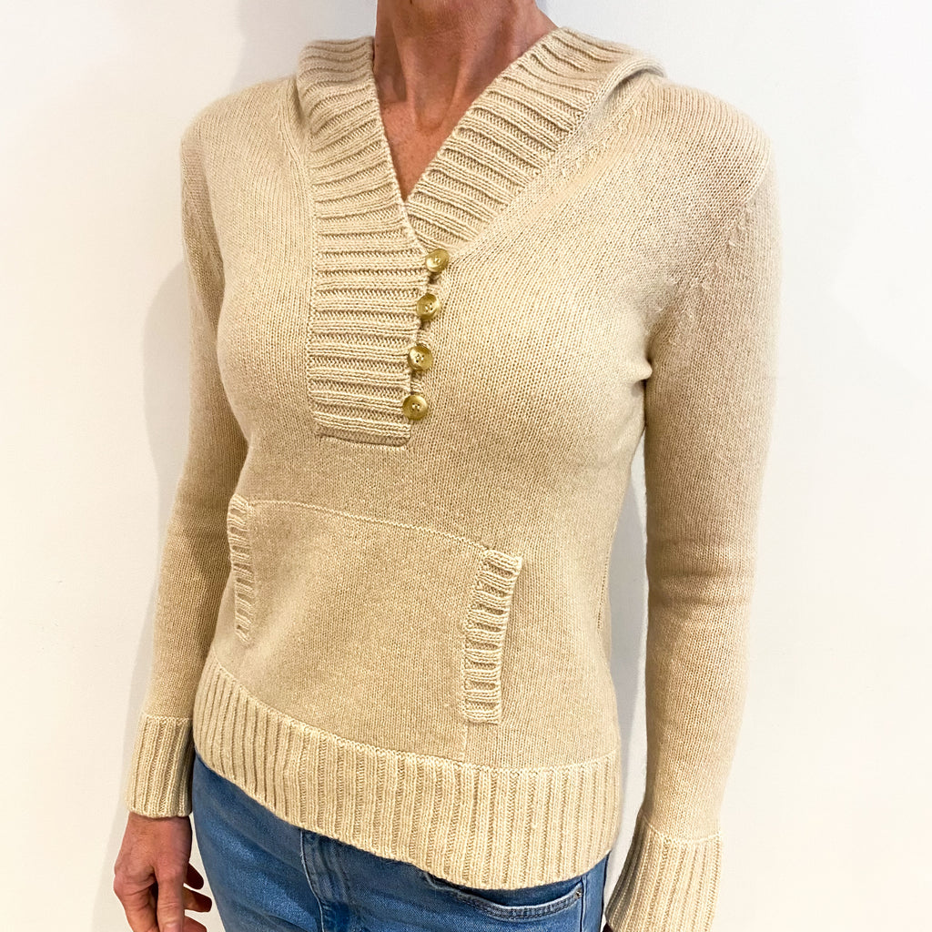 Soft Beige Cashmere V Neck Hooded Jumper Small