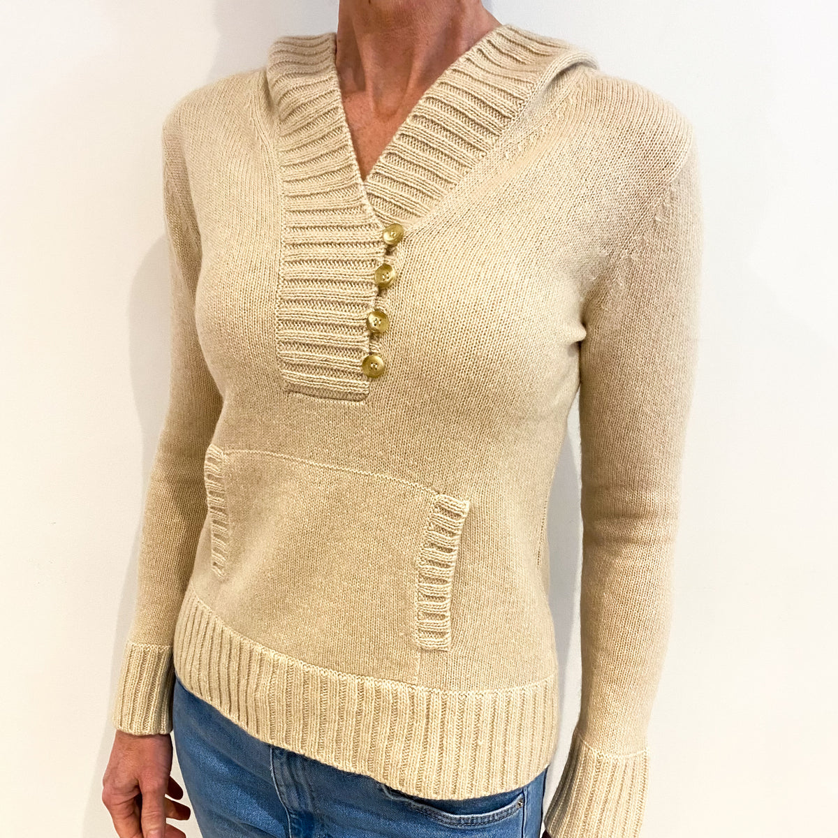 Soft Beige Cashmere V Neck Hooded Jumper Small
