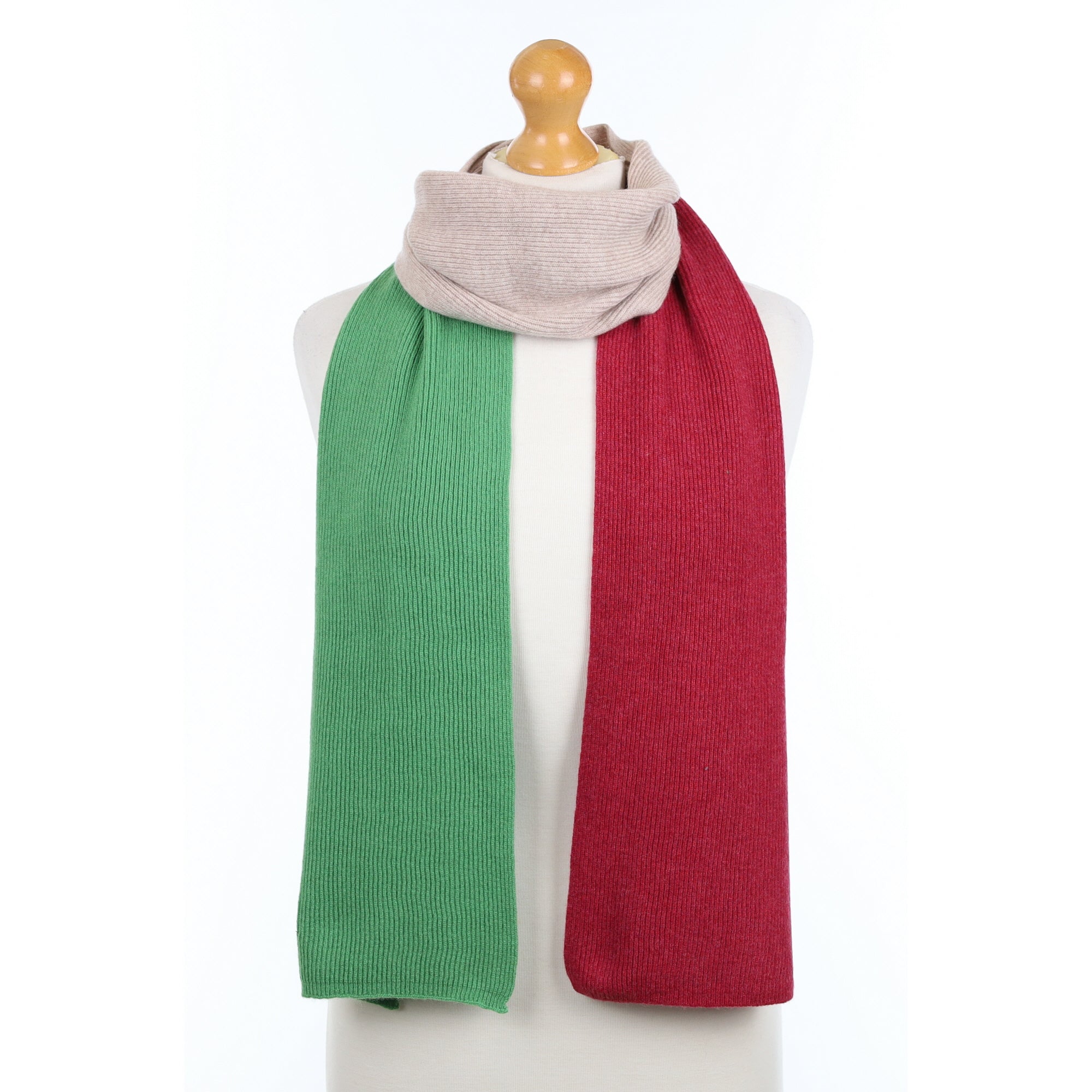 Brand New Scottish Spring Green Pomegranate & Fawn Cashmere Ribbed Scarf
