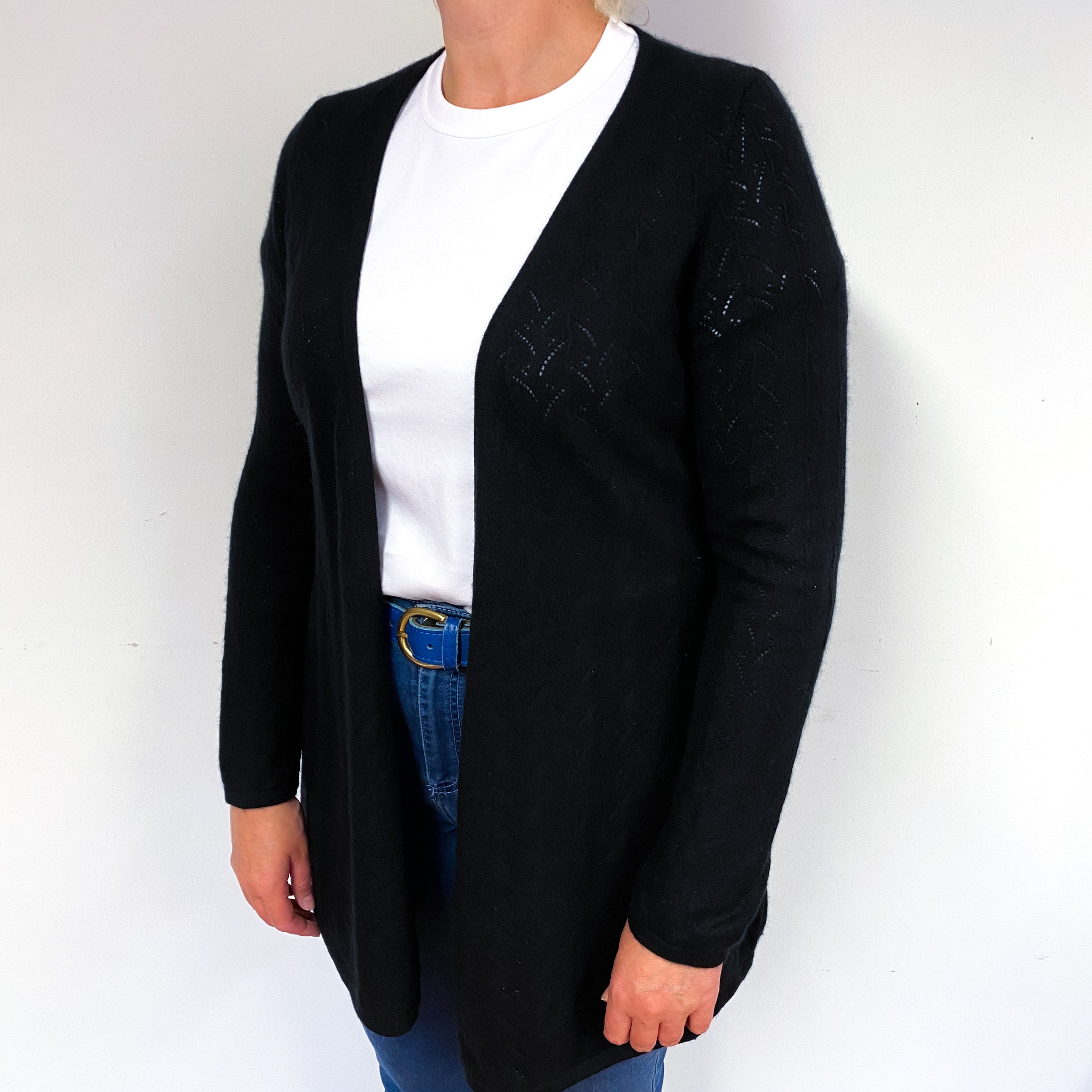 Black Lace Knit Cashmere Edge to Edge Cardigan Large