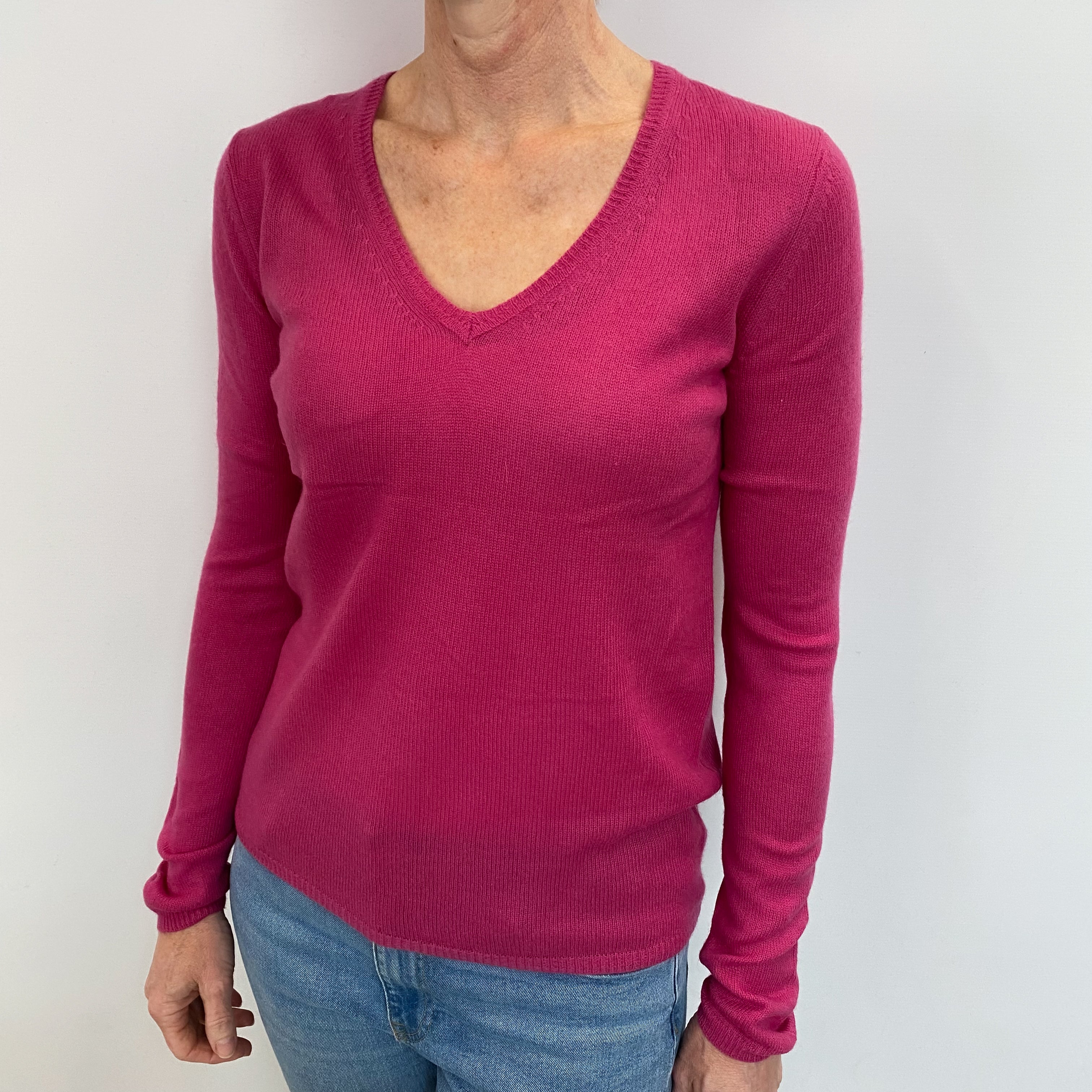 Fuchsia Pink Cashmere V Neck Jumper Small