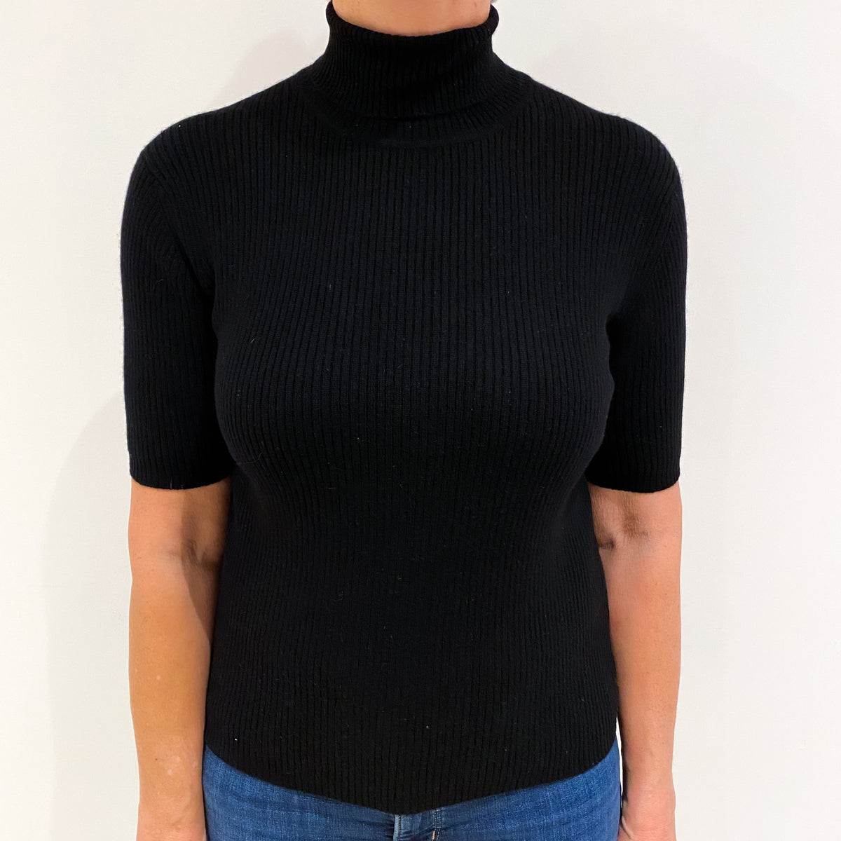 Black Cashmere Polo Neck Short Sleeved Jumper Medium