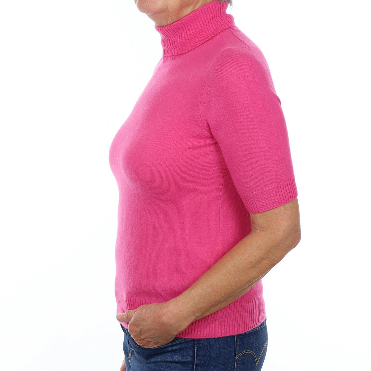Fuchsia Pink Cashmere Polo Neck Short Sleeved Jumper Medium