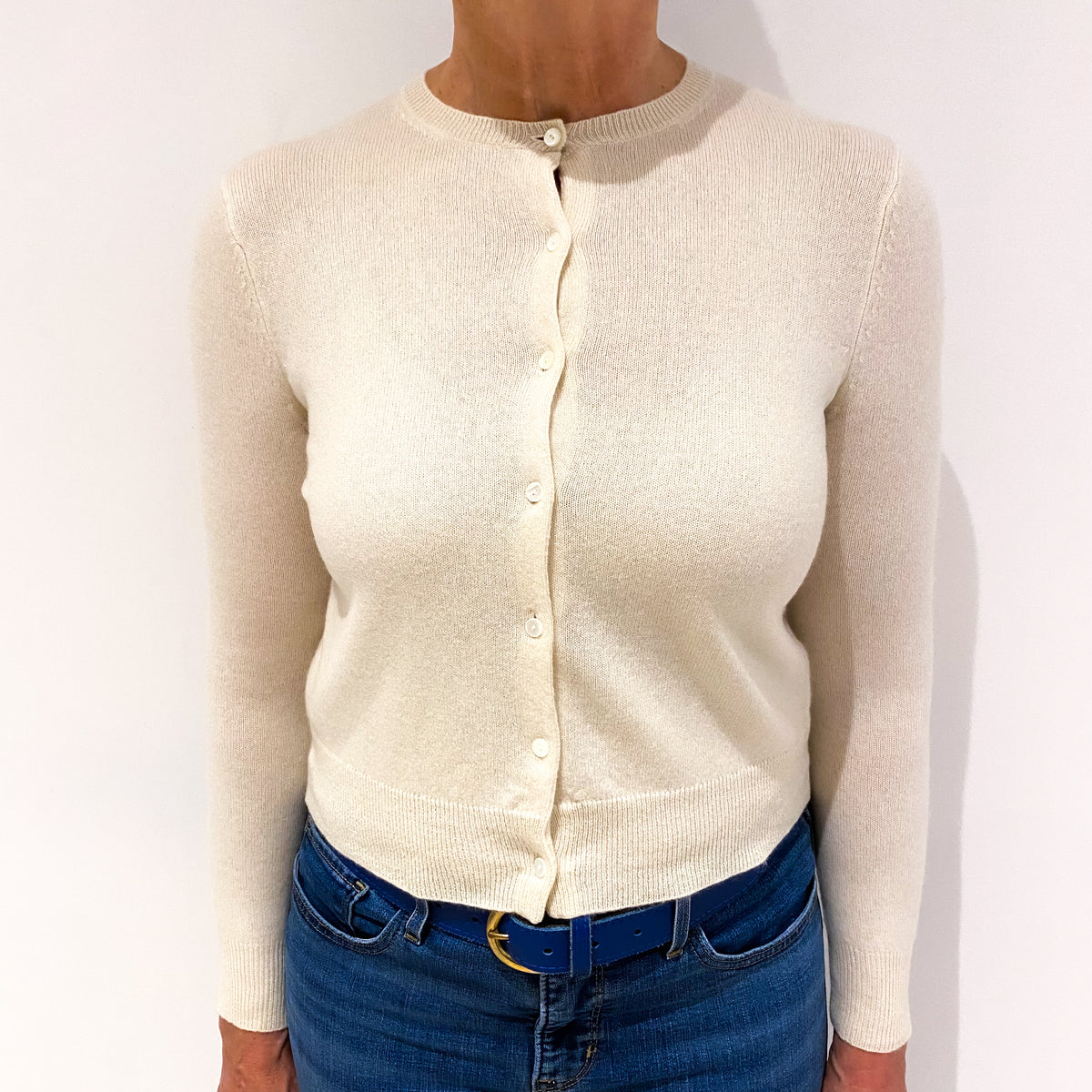 Ivory Cream Cashmere Cropped Crew Neck Cardigan Medium