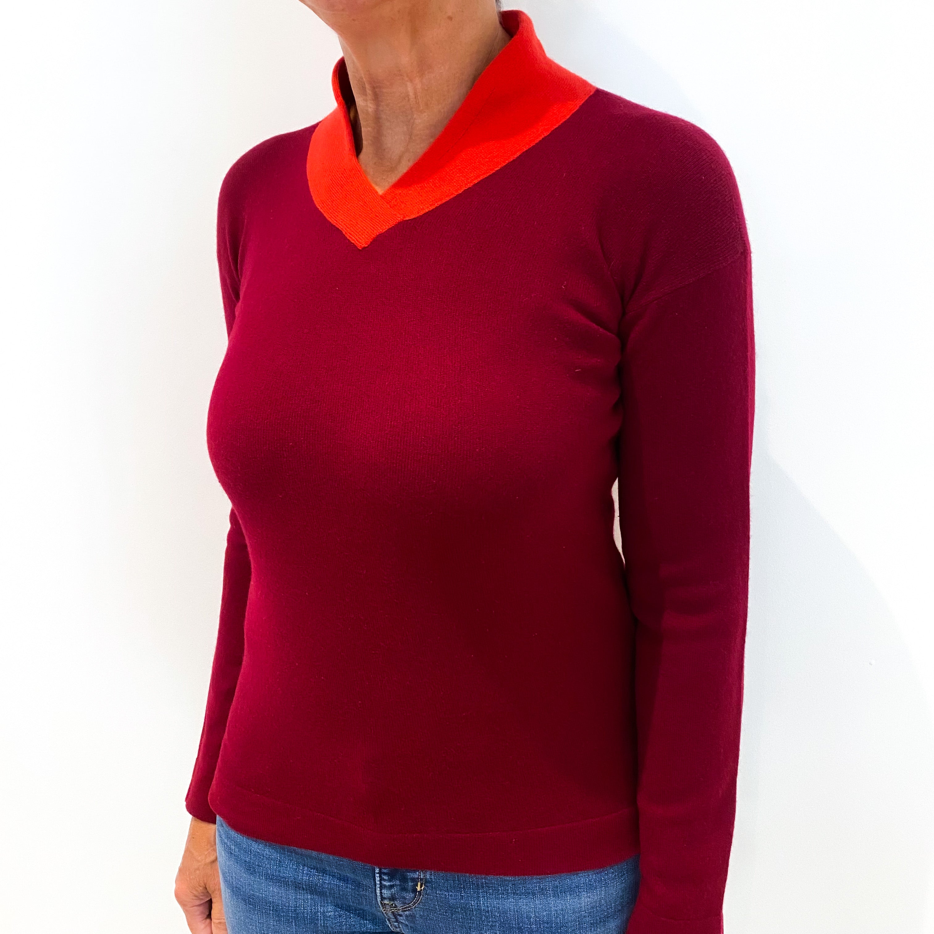 Vintage Burgundy Red Cashmere V-Neck Jumper with Post Box Red Collar Medium