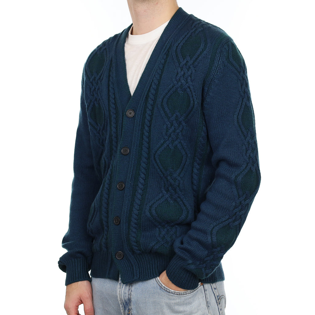 Men's Scottish Begg & Co Petrol Blue Cashmere V Neck Cardigan Large