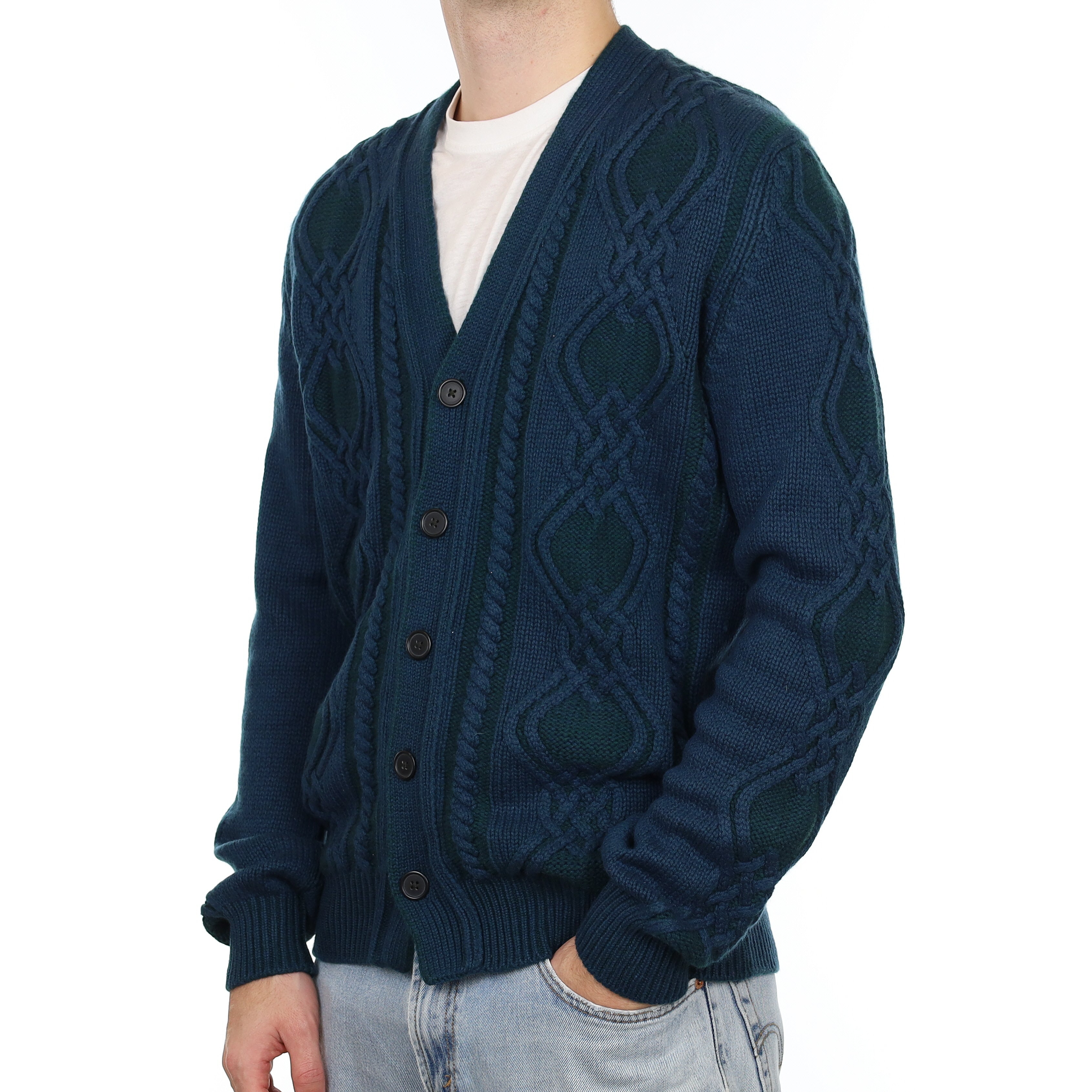 Men's Scottish Begg & Co Petrol Blue Cashmere V Neck Cardigan Large