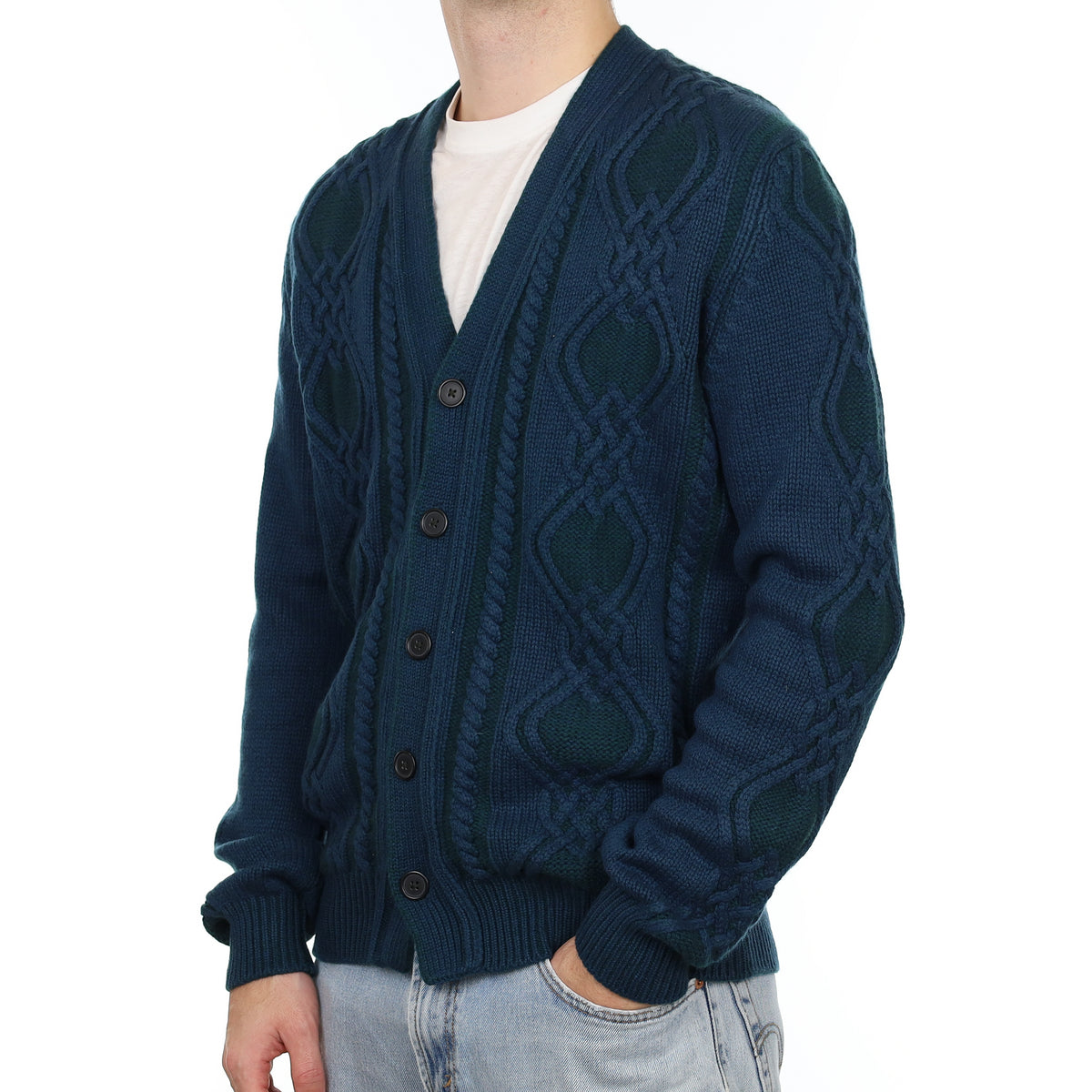 Men's Scottish Begg & Co Petrol Blue Cashmere V Neck Cardigan Large