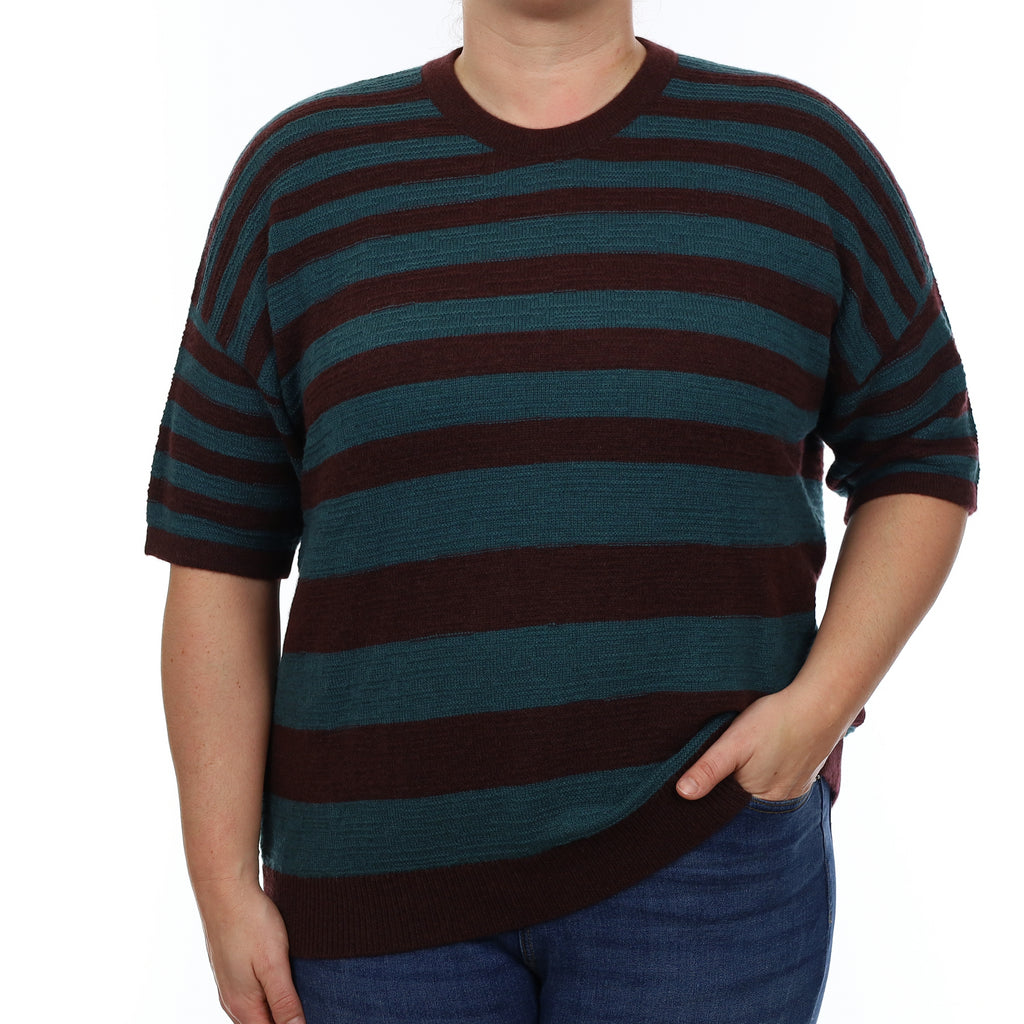 Brand New Scottish Sea Green and Chocolate Striped Cashmere Crew Neck Jumper Large