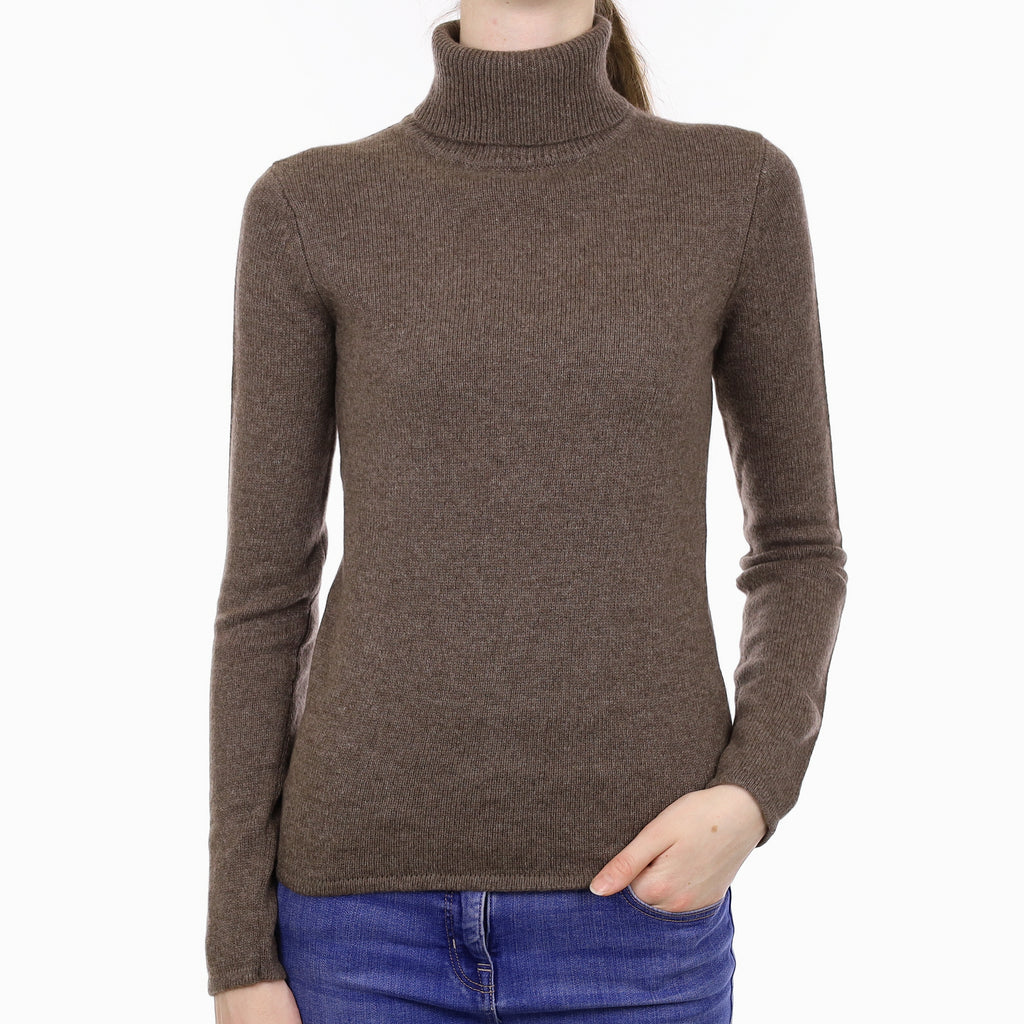 Mocha Brown Heavy Knit Cashmere Polo Neck Jumper Extra Small