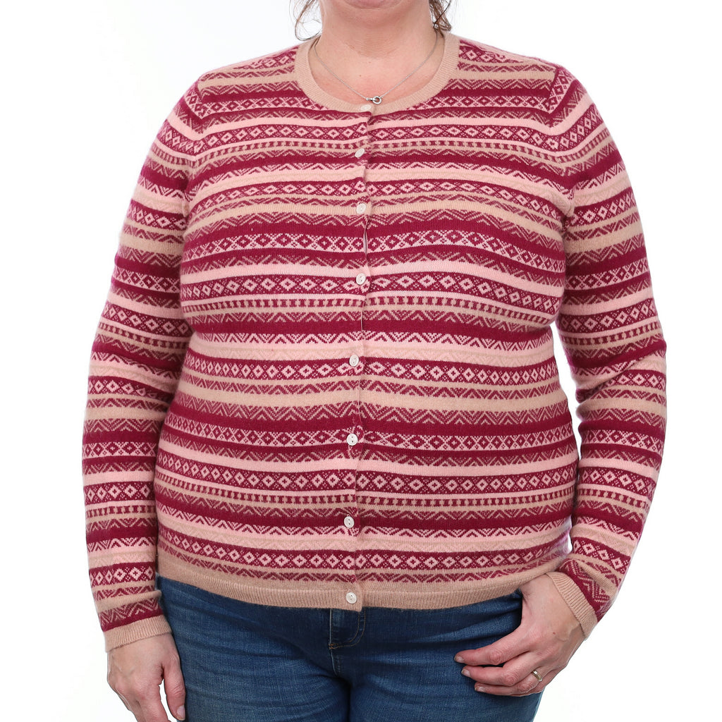 Cherry Pink Fair Isle Cashmere Crew Neck Cardigan Extra Large