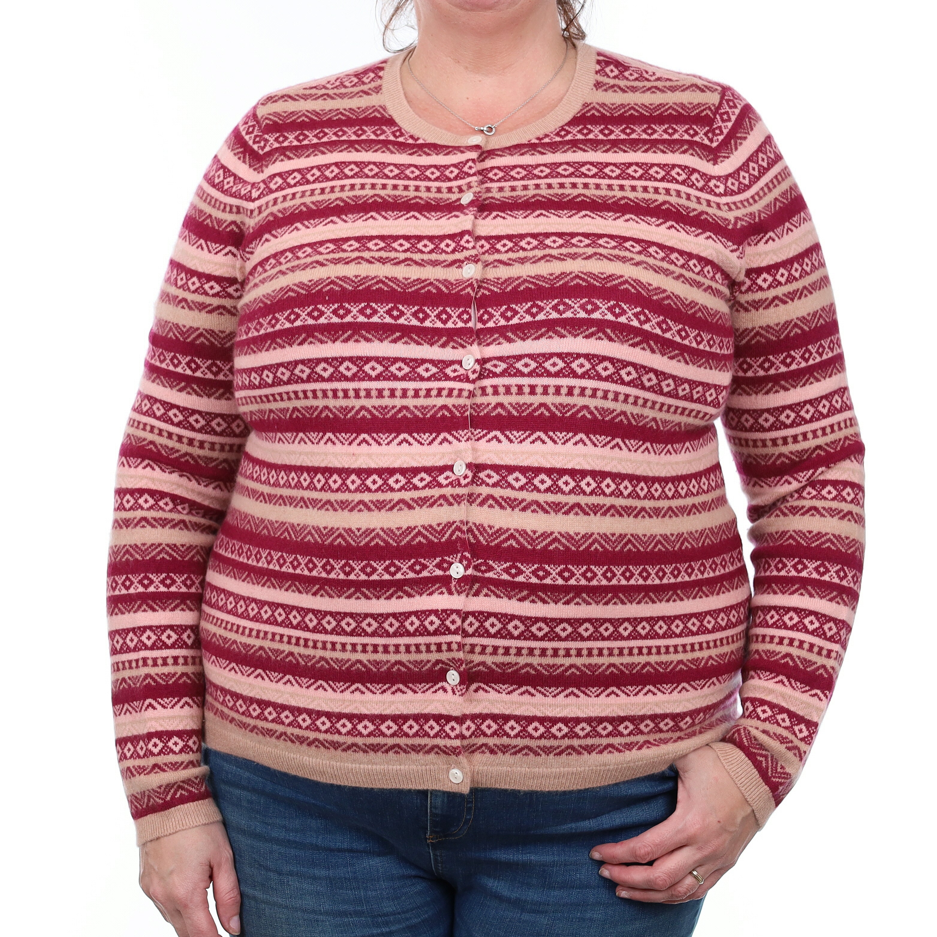 Cherry Pink Fair Isle Cashmere Crew Neck Cardigan Extra Large