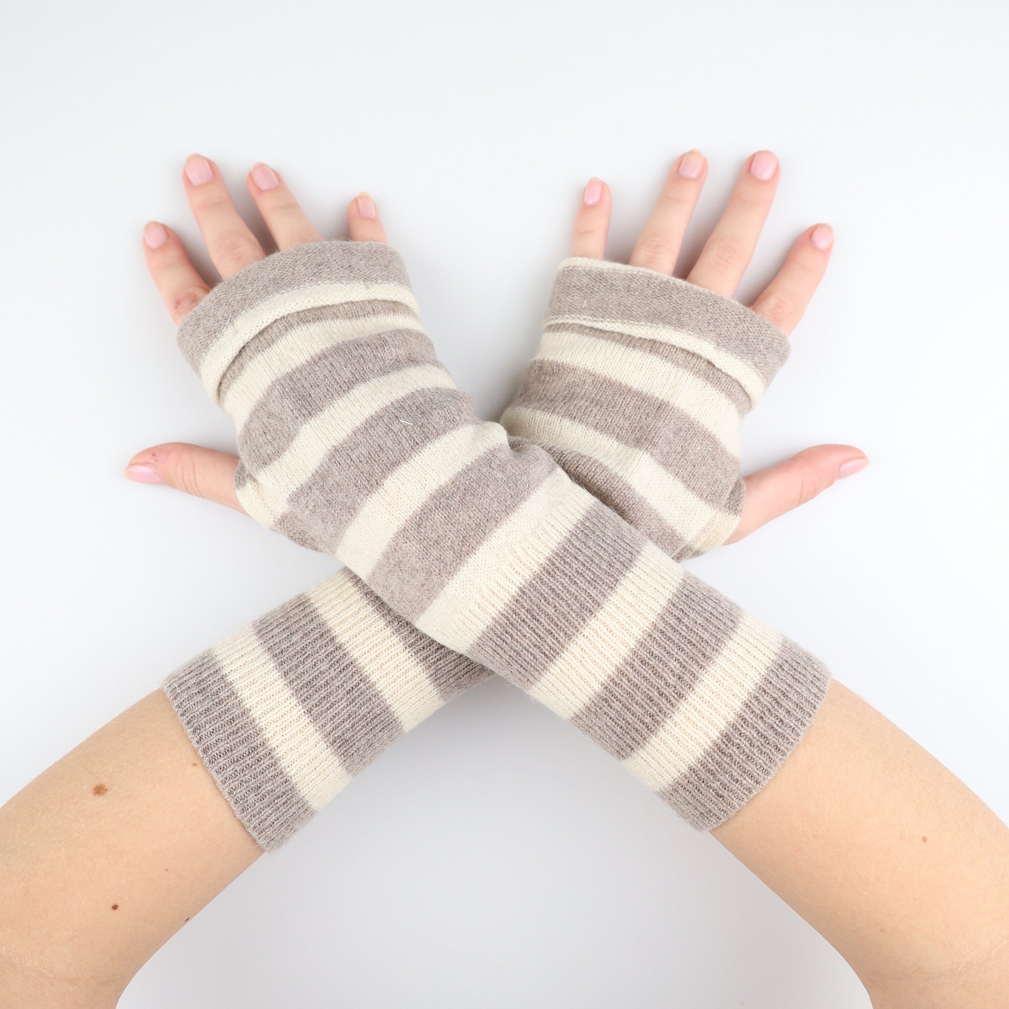 Mocha and Cream Striped Fingerless Gloves