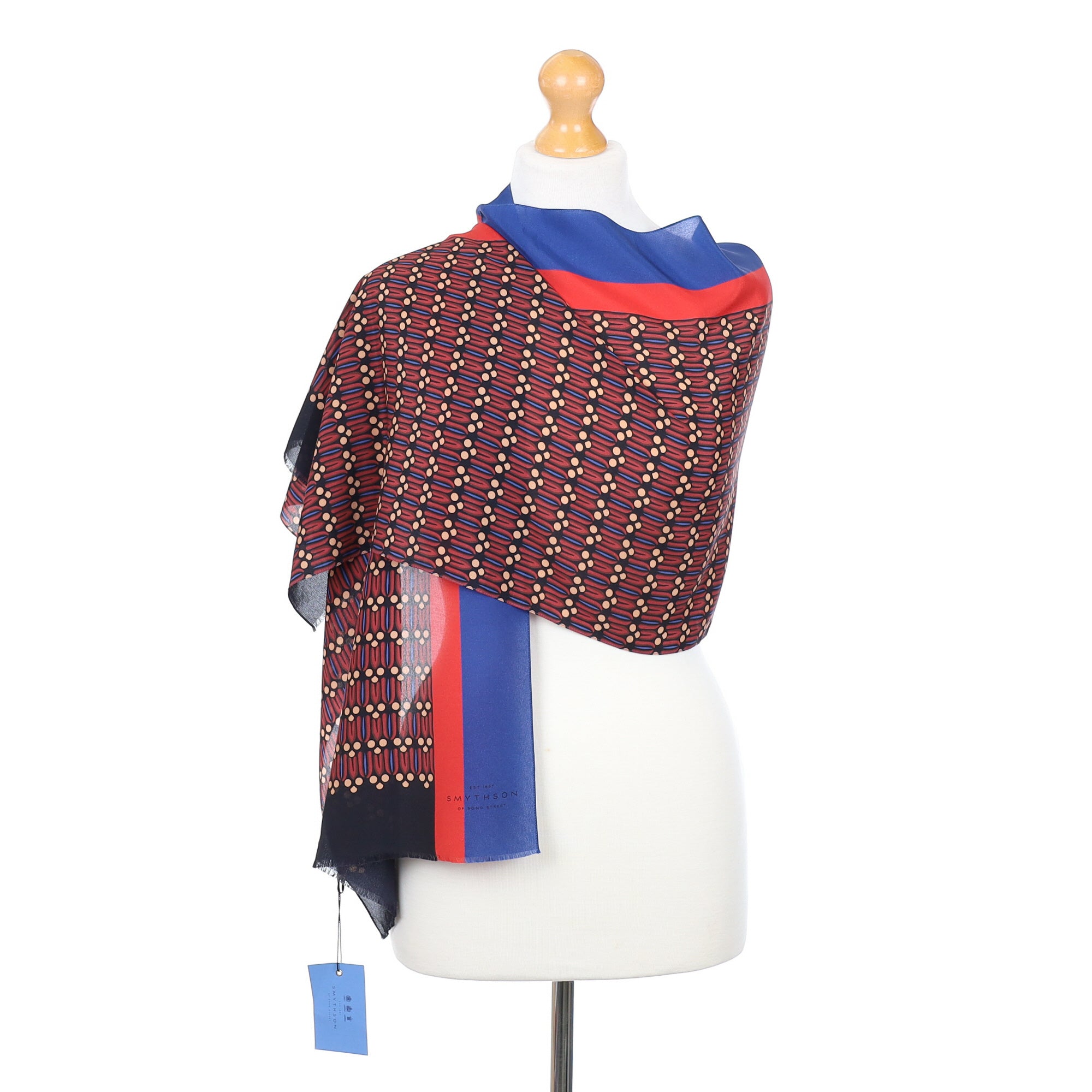 Brand New Smythson Blue and Red Silk Scarf