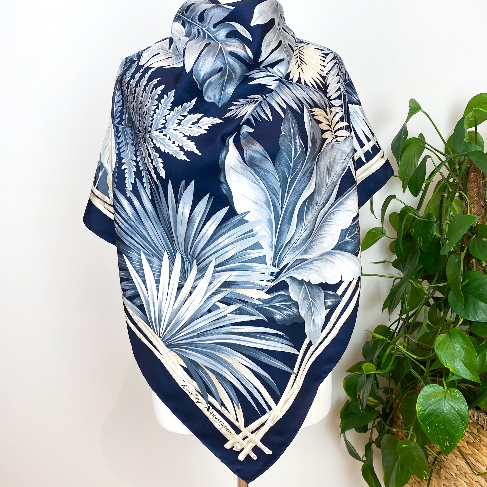 Aquascutum Navy Leaf Pattern Vintage Silk Scarf