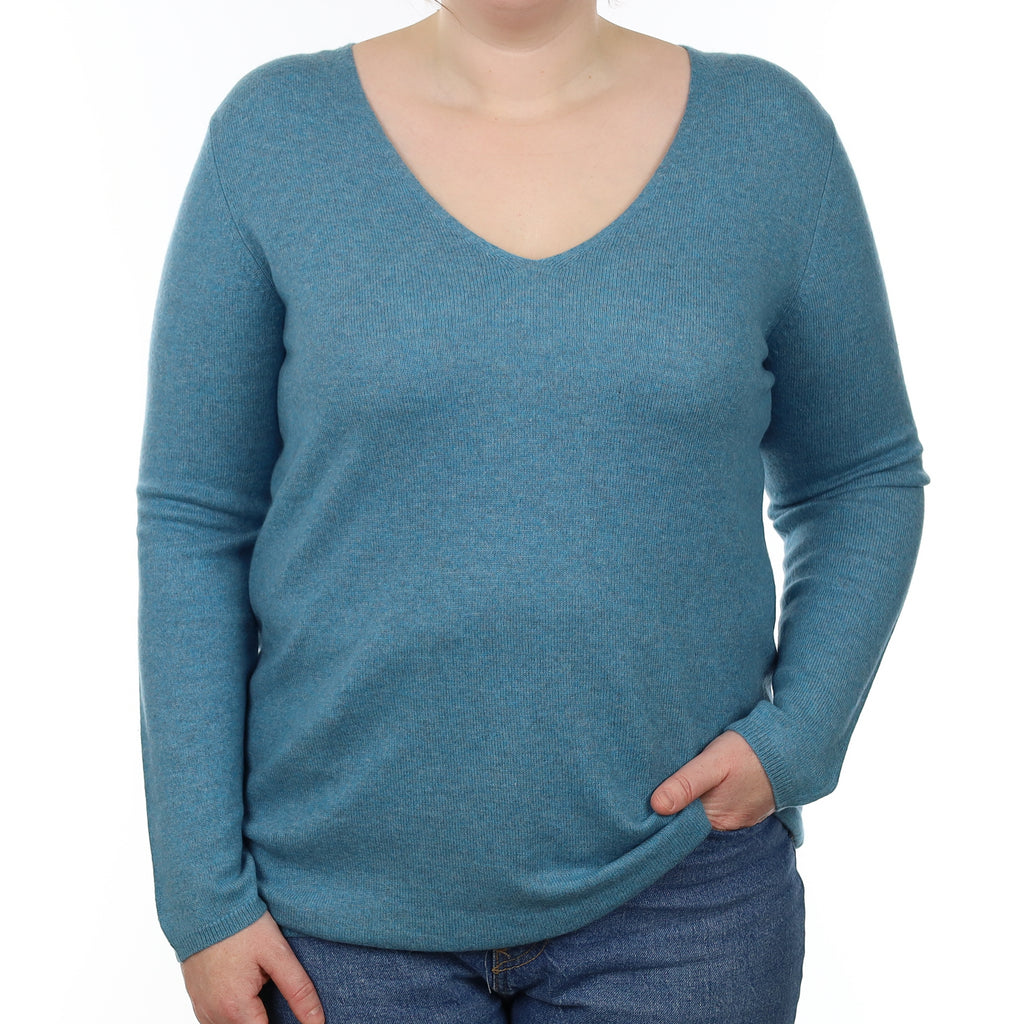 Misty Turquoise Cashmere V Neck Jumper Large