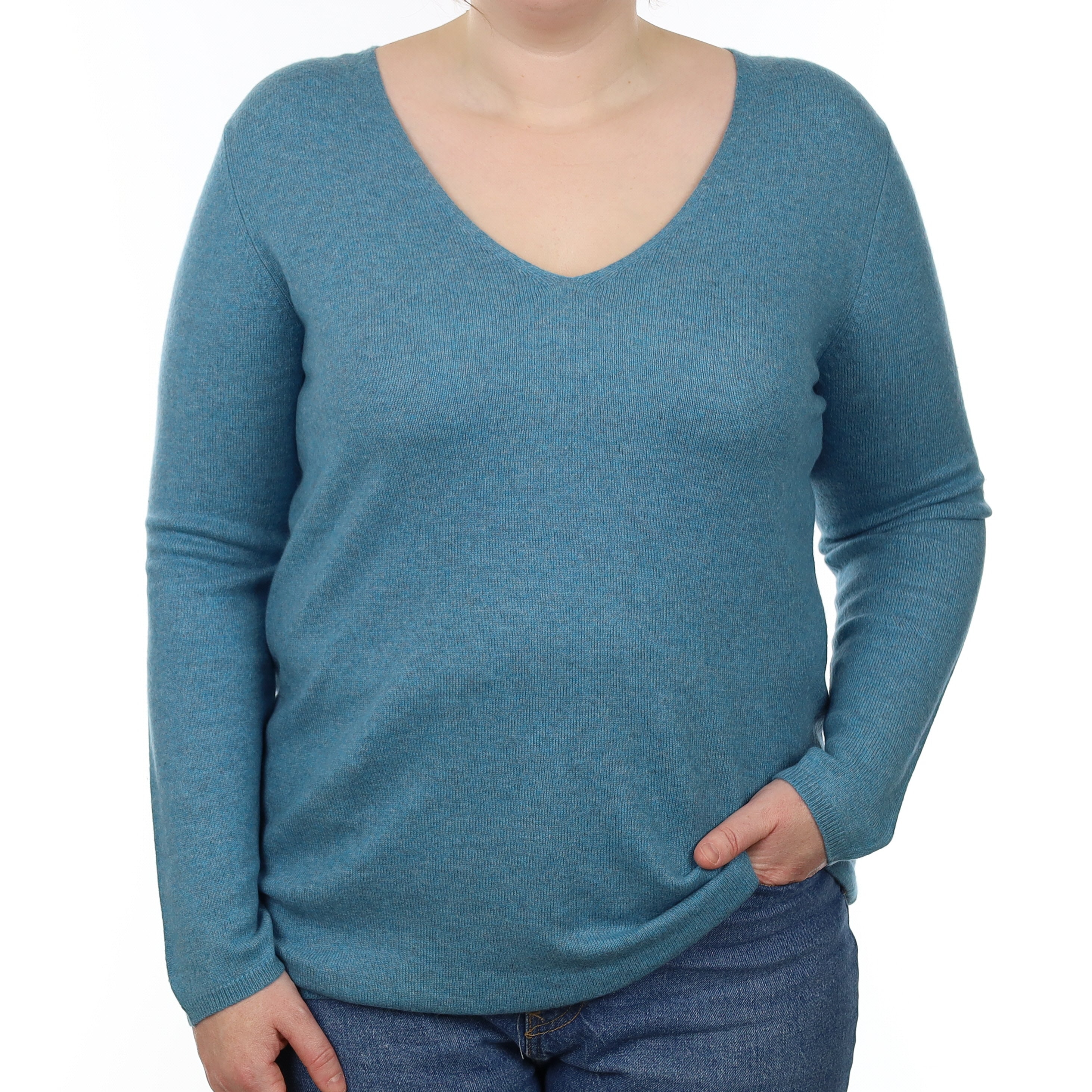 Misty Turquoise Cashmere V Neck Jumper Large