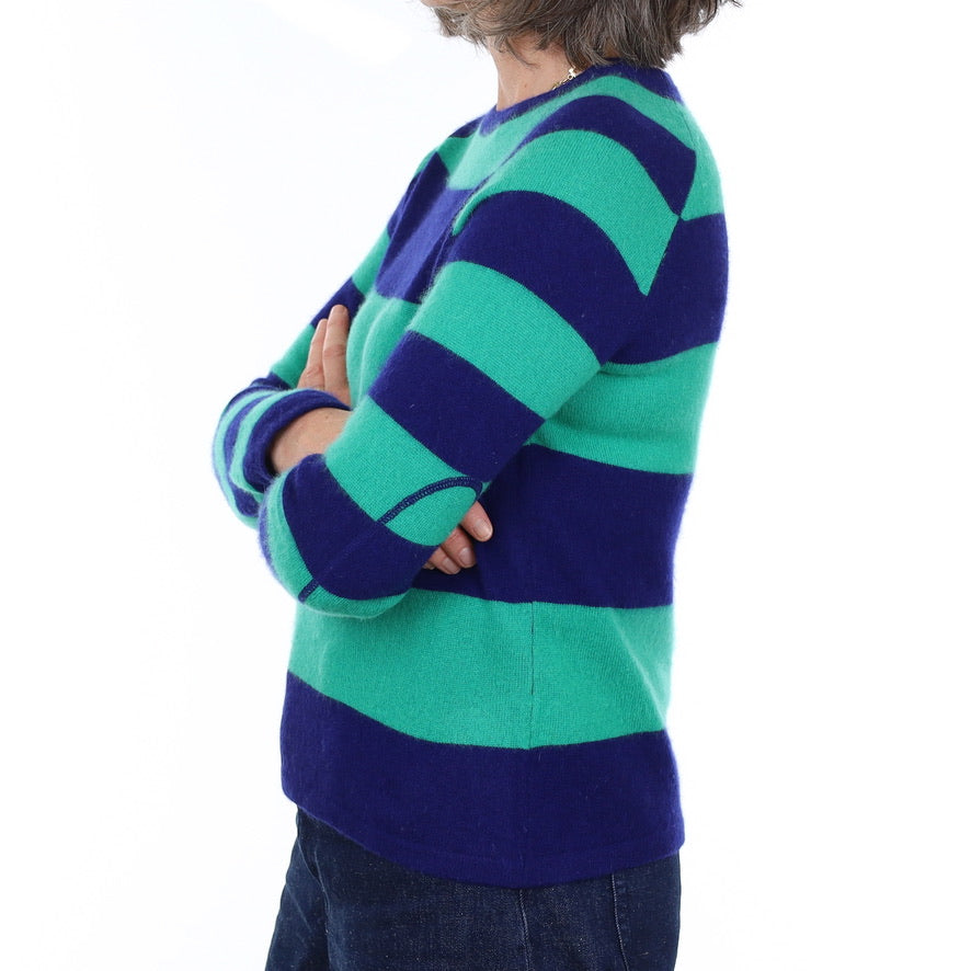 Blue and Green Striped Cashmere Crew Neck Jumper Medium