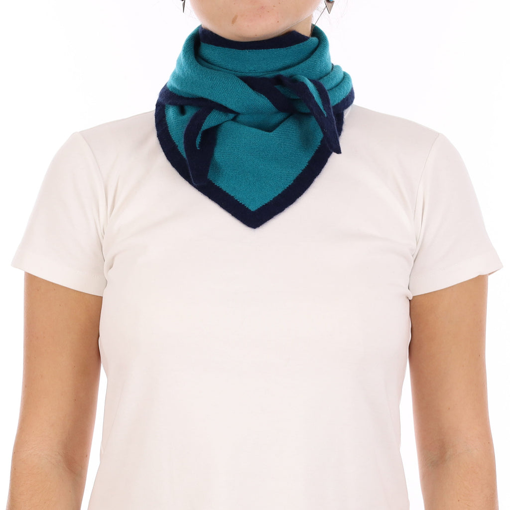 Brand New Teal and Navy Recycled Cashmere Triangle Scarf