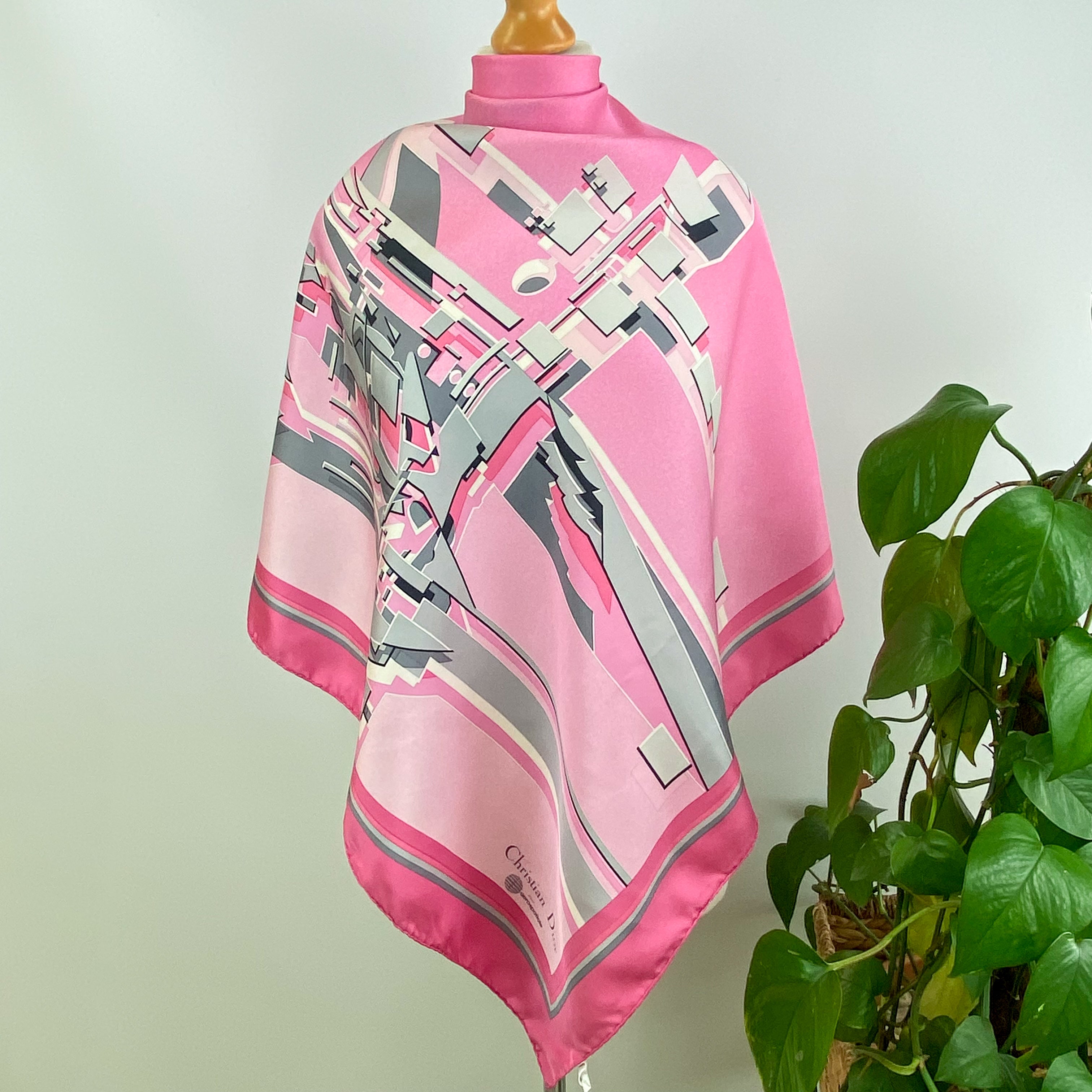 Christian Dior Pink and Grey Vintage Silk Scarf