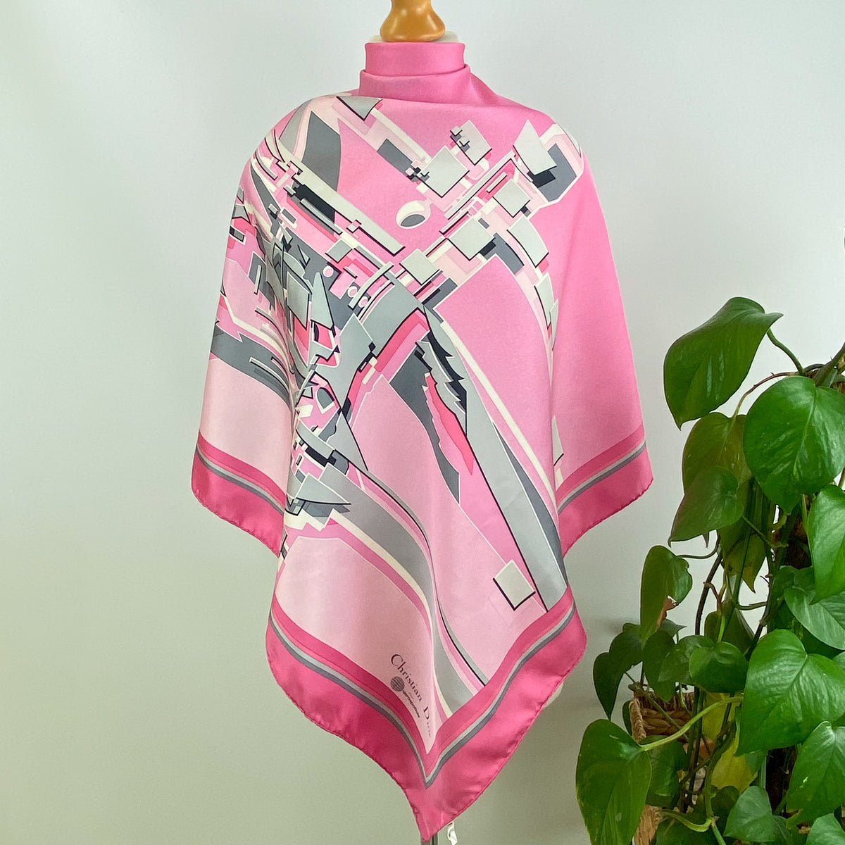 Christian Dior Pink and Grey Vintage Silk Scarf