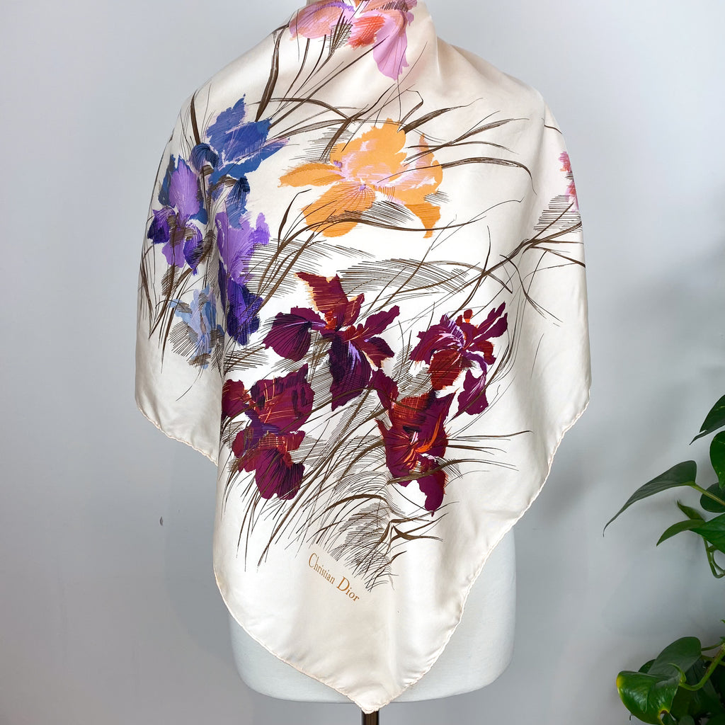 1960s Christian Dior Floral Vintage Silk Scarf