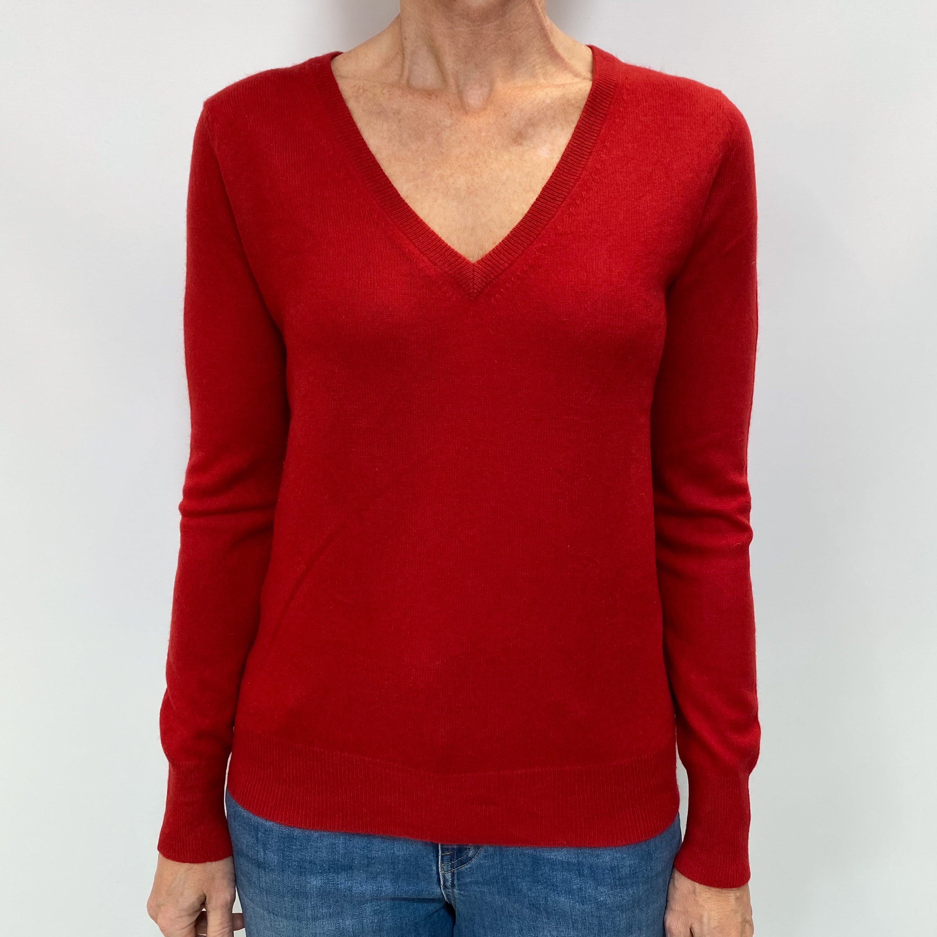 Spanish Red Cashmere V Neck Jumper Small