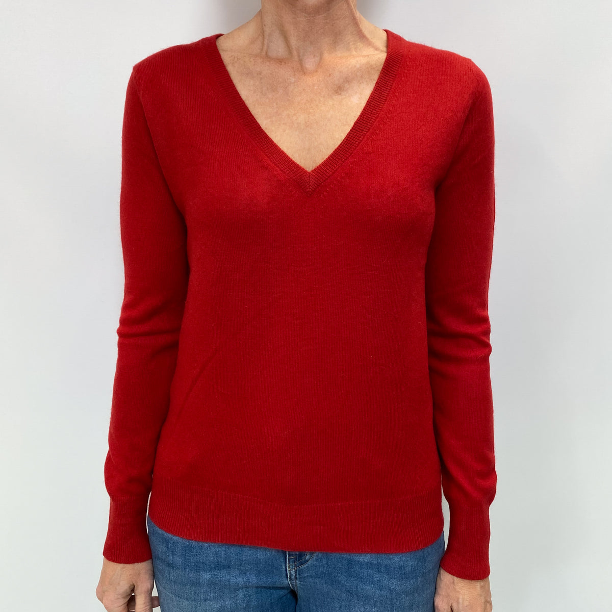 Spanish Red Cashmere V Neck Jumper Small