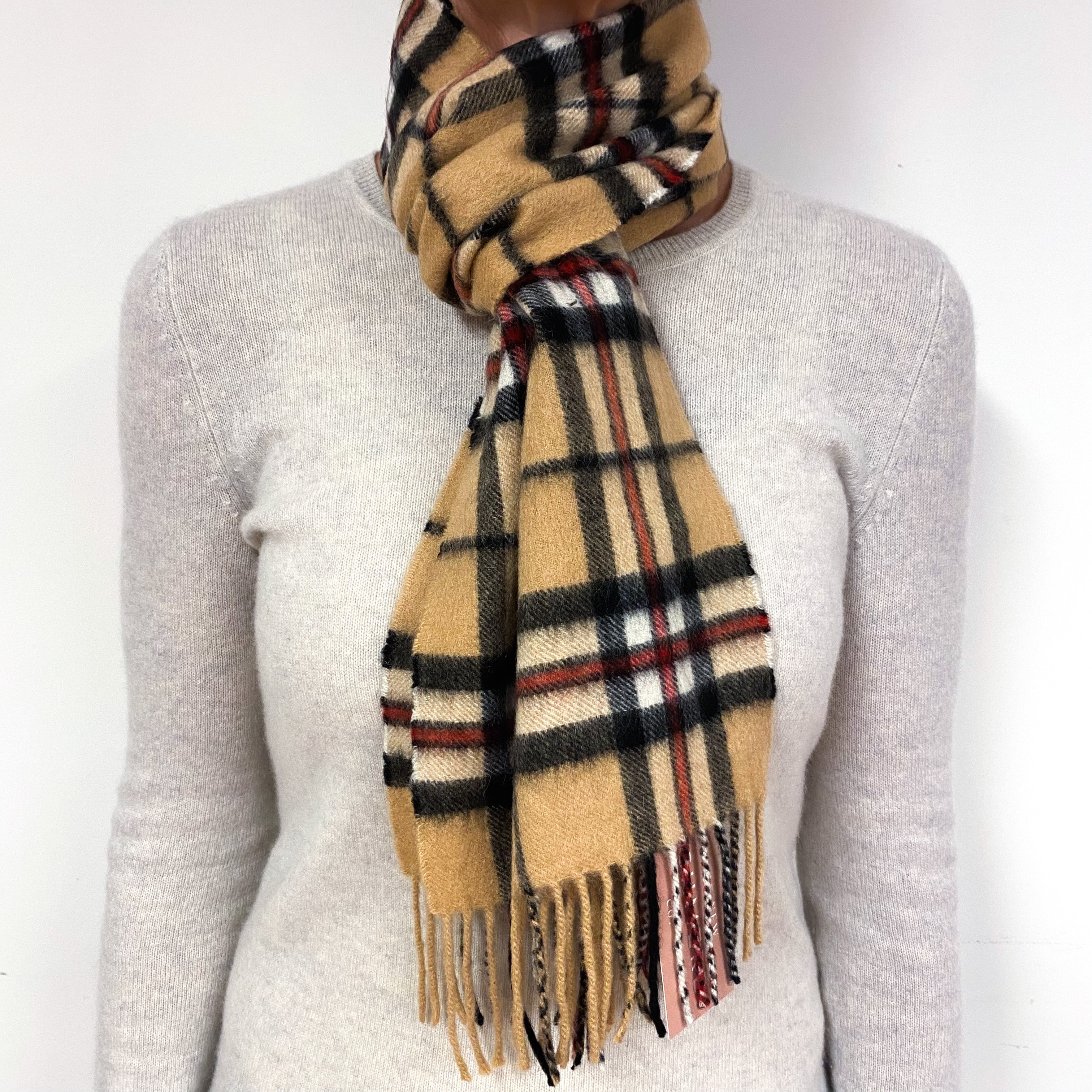 Red, Black and Camel Brown Tartan Fringed Cashmere Woven Scarf