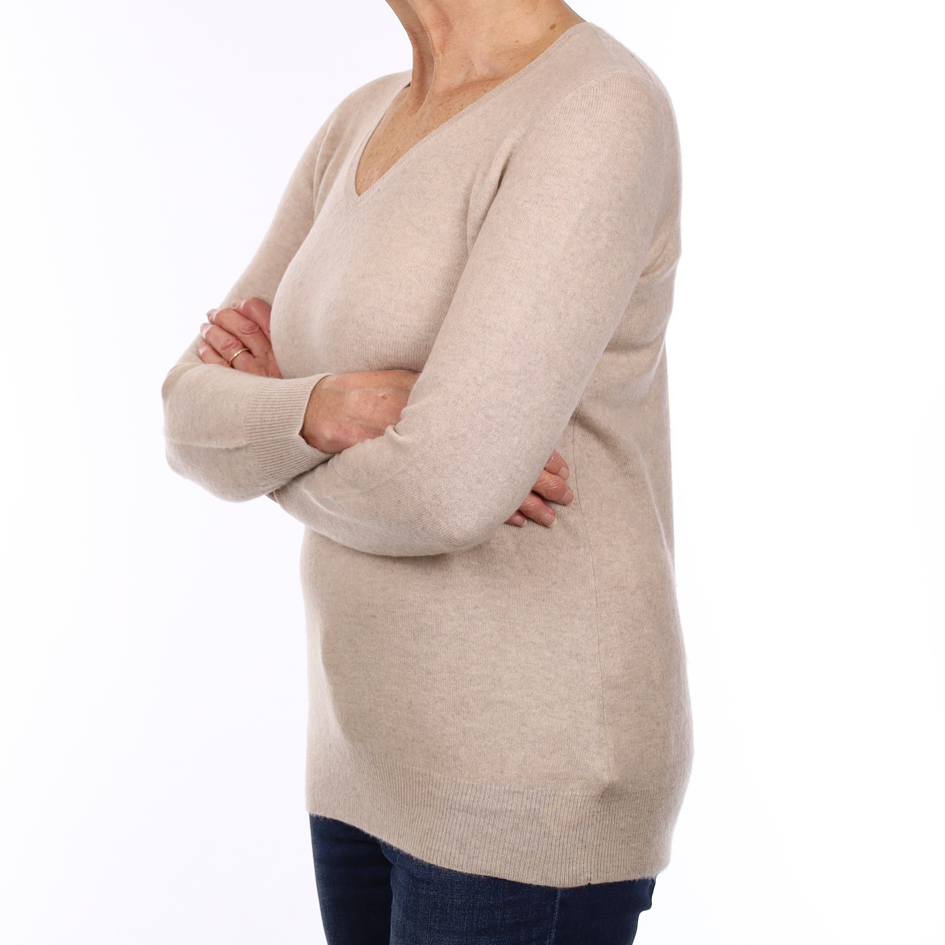 Fawn Beige Cashmere V Neck Jumper Medium