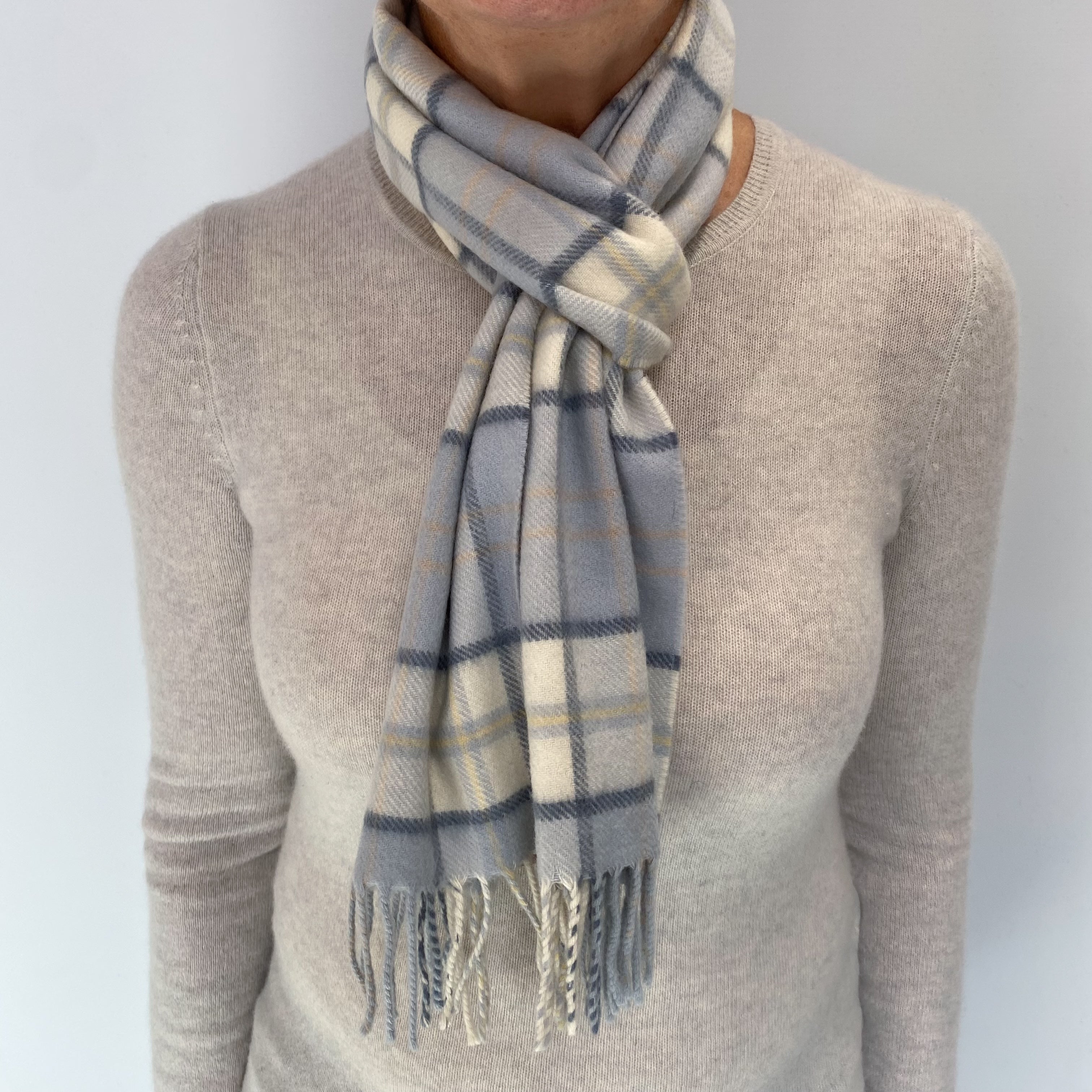 Baby Blue Checked Cashmere Tasseled Woven Scarf