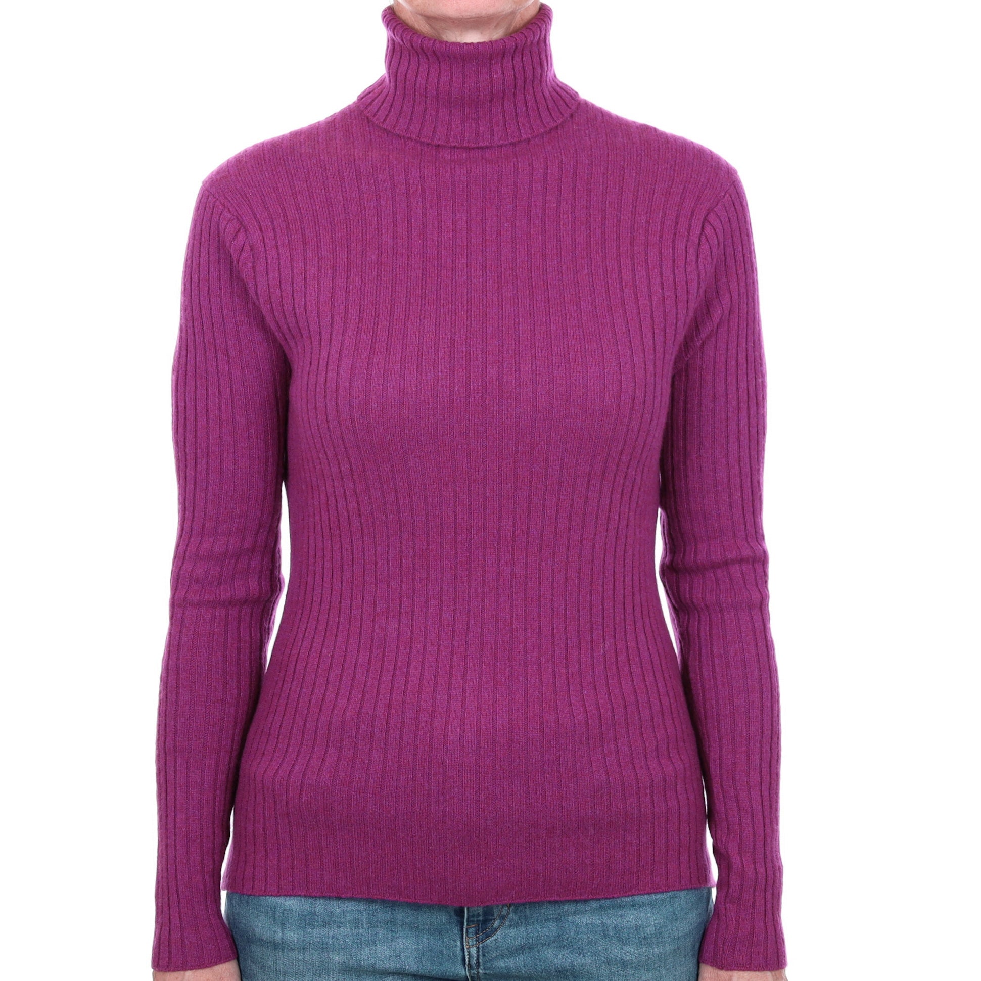 Magenta Purple Cashmere Polo Neck Ribbed Knit Jumper Small