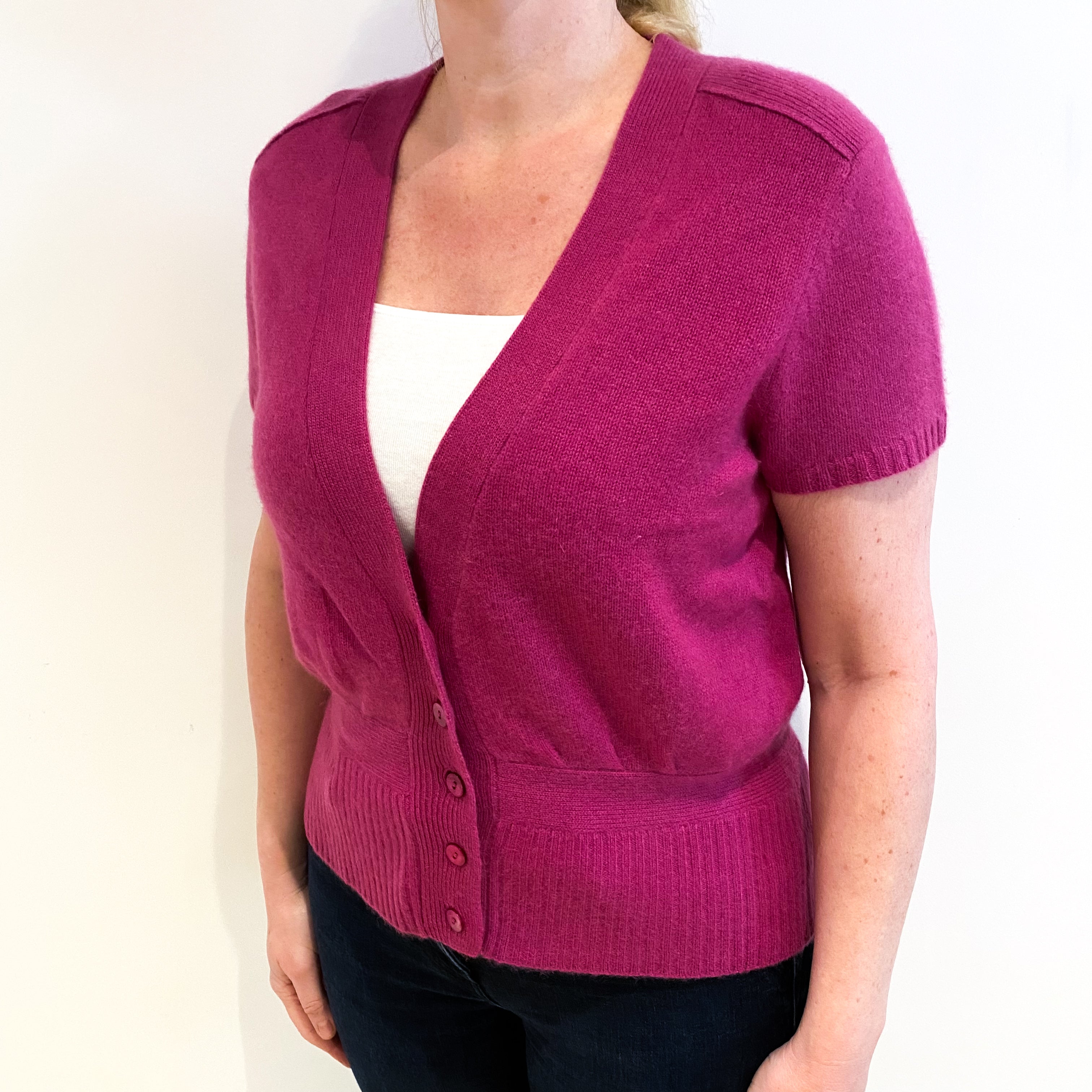 Magenta Purple Cashmere Short Sleeve V Neck Cardigan Large