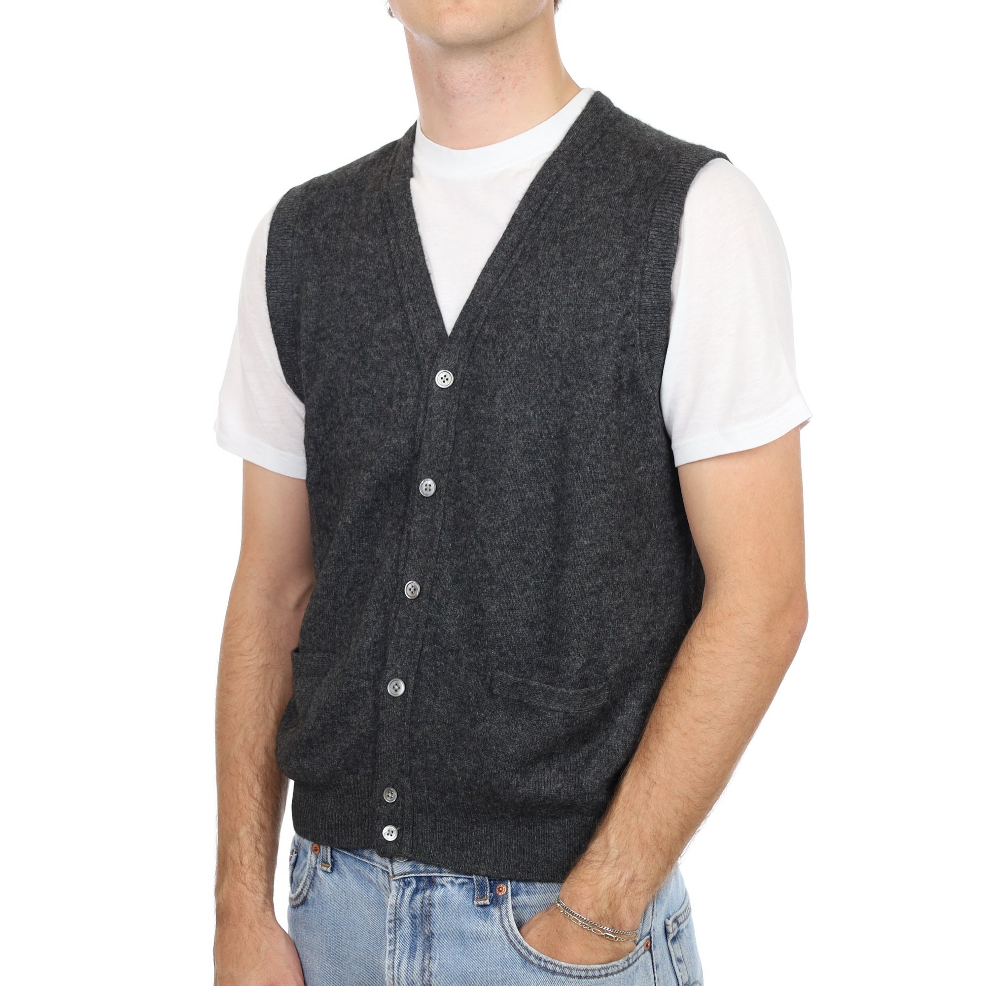 Men's Charcoal Grey Cashmere V Neck Sleeveless Cardigan Large
