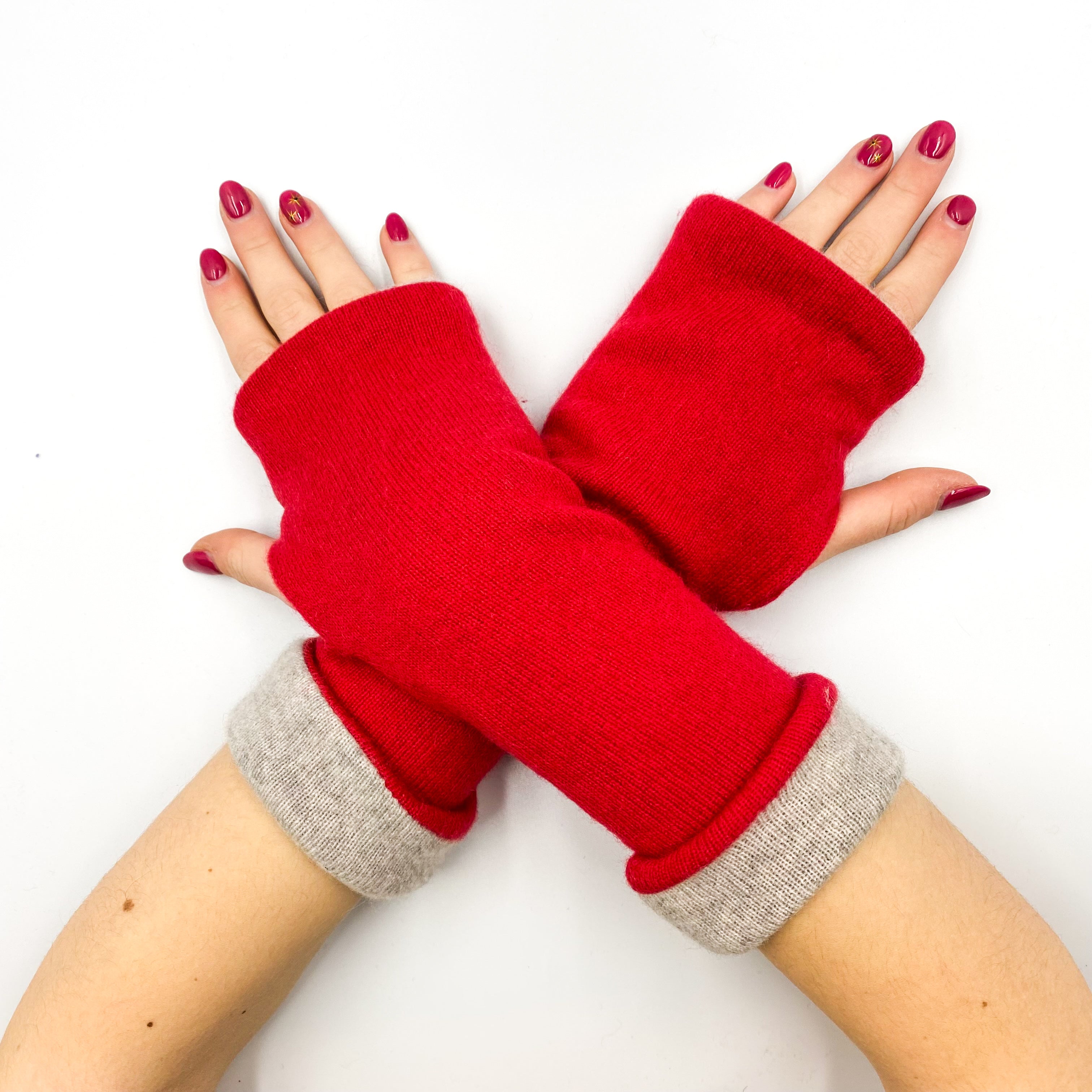 Smoke Grey and Red Luxury Reversible Cashmere Fingerless Gloves